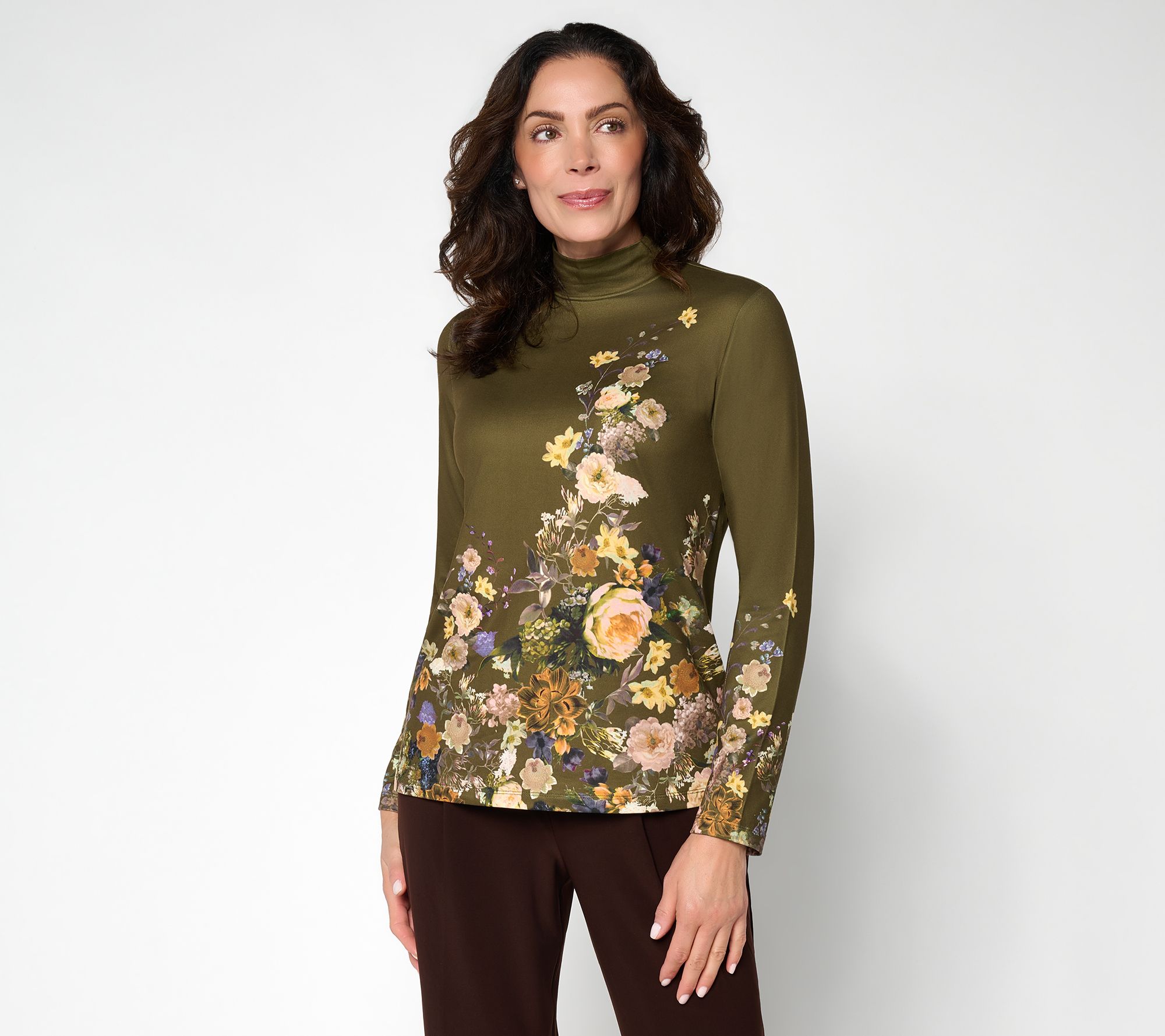 Susan Graver Printed Brushed Knit Mock Neck Long Sleeve Top