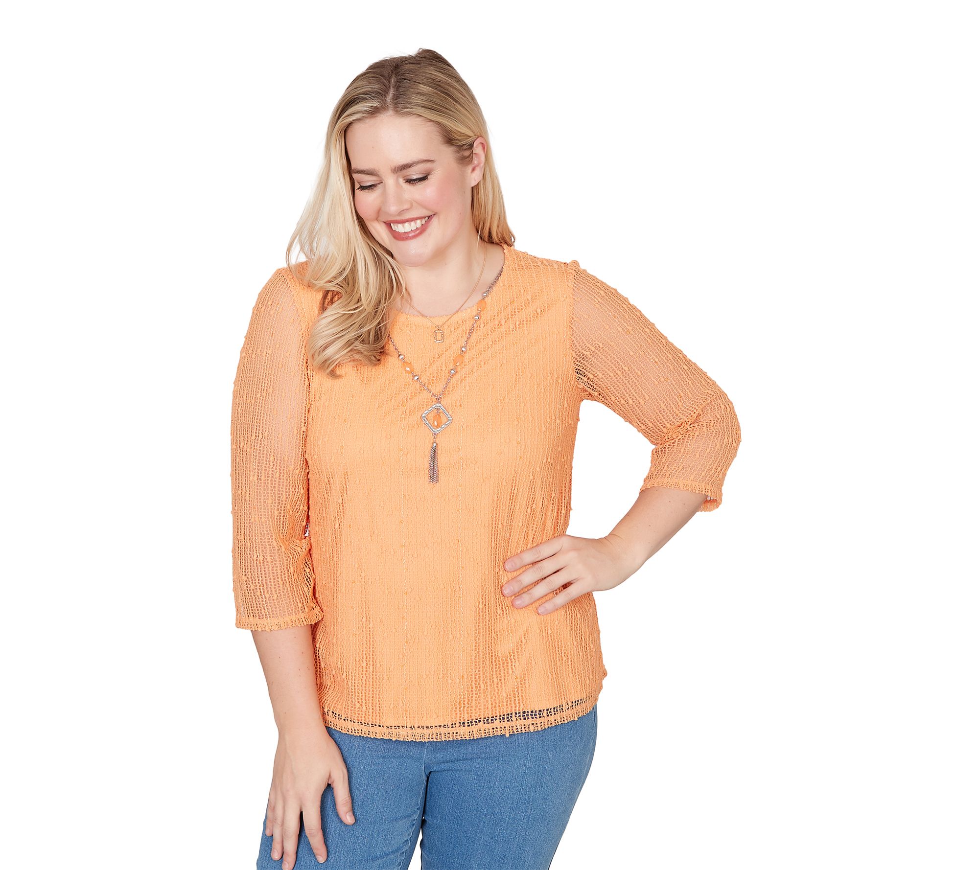 Alfred Dunner Petite Bright Popcorn Mesh Top with Necklace
