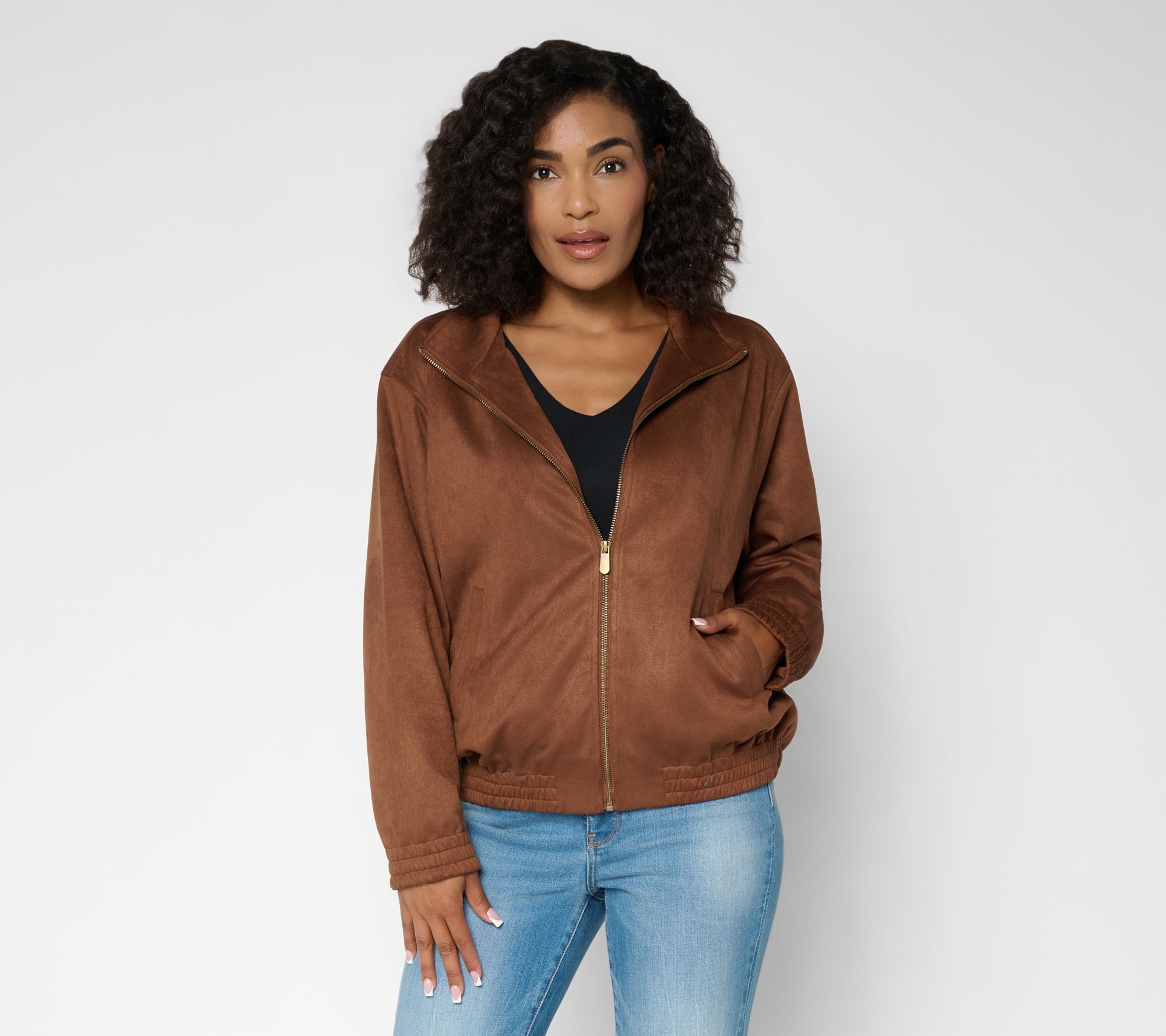  Susan Graver Faux Suede Zip -Front Bomber Jacket