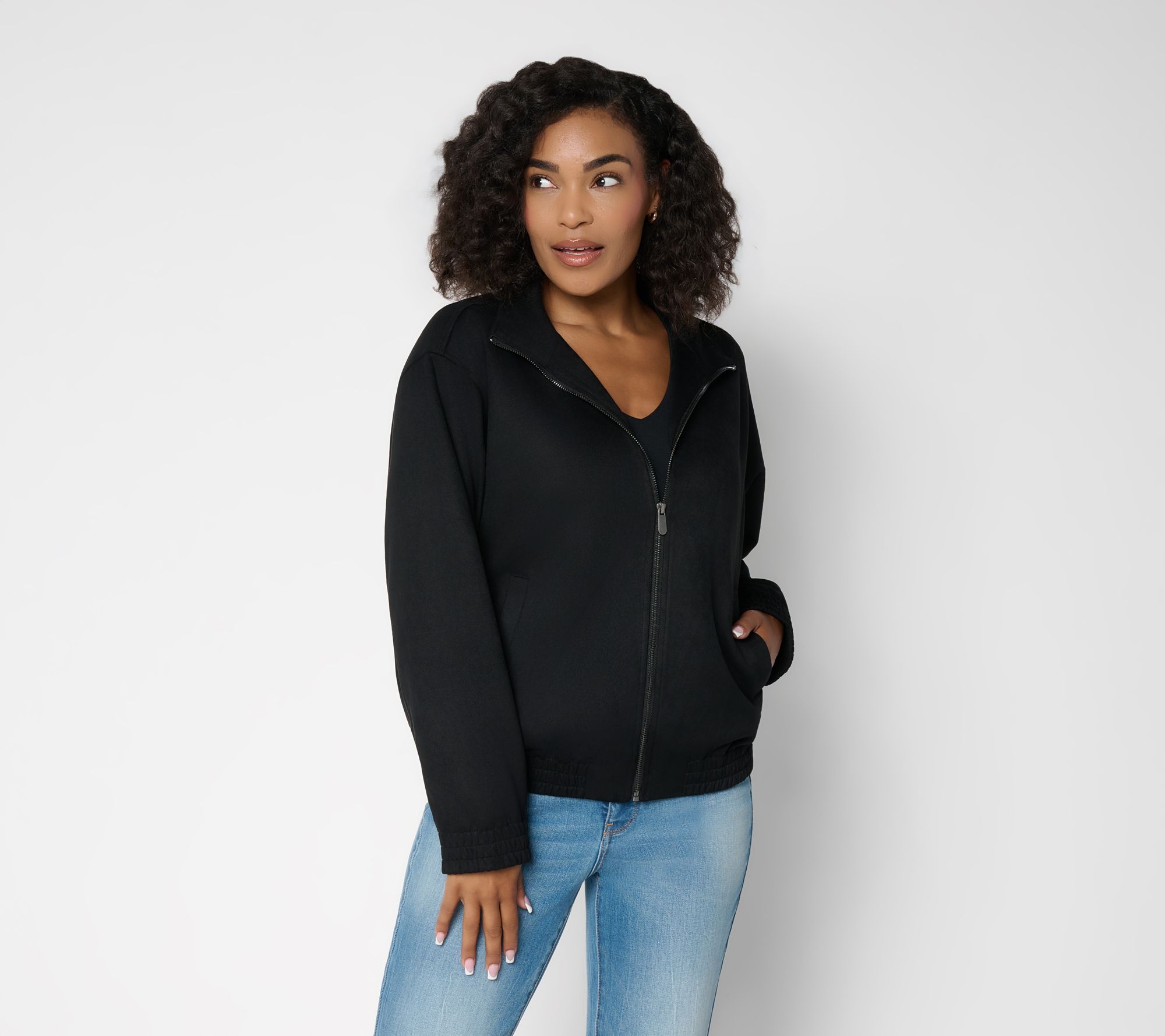 Susan Graver Faux Suede Zip -Front Bomber Jacket
