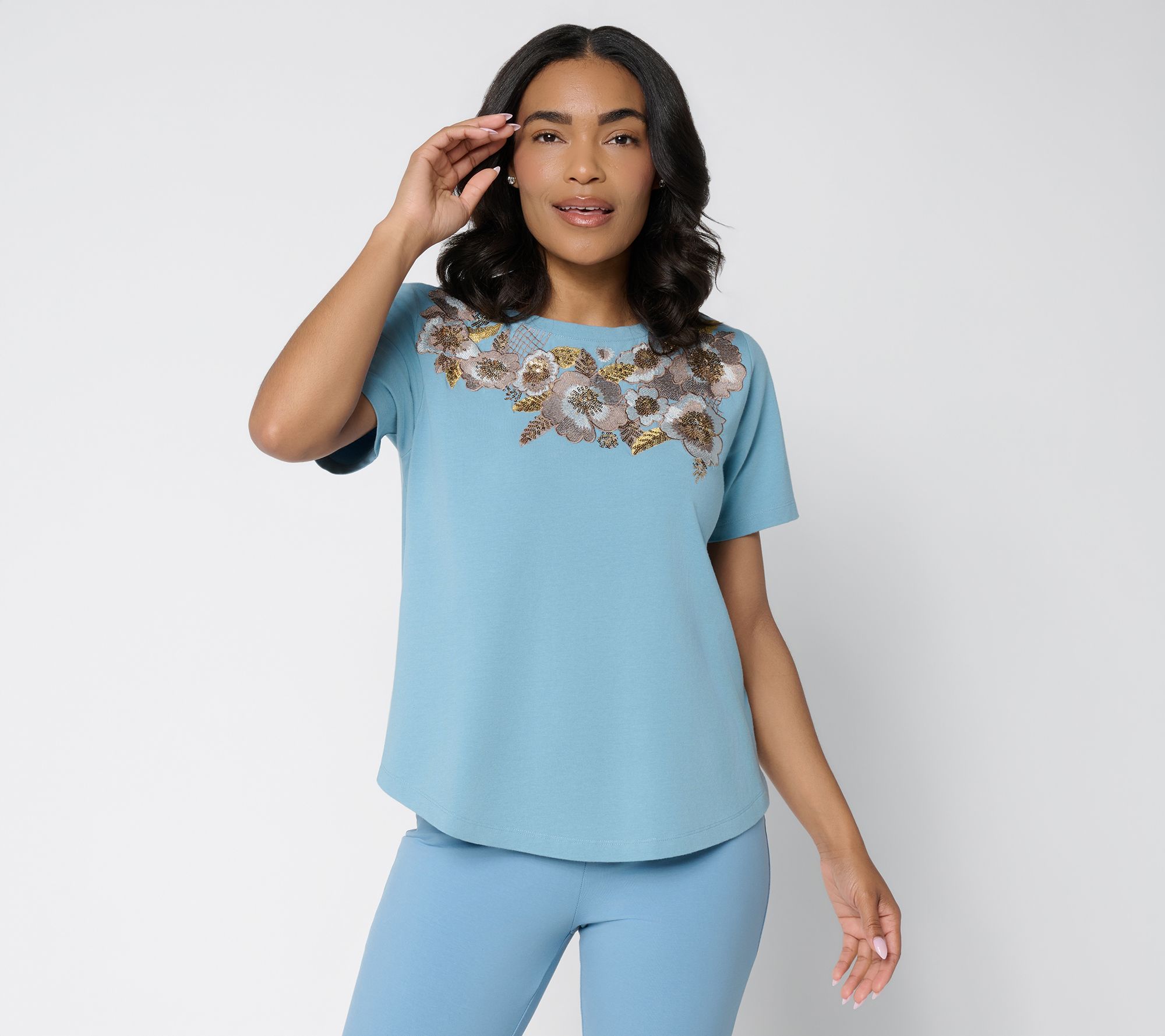"As Is" Susan Graver Weekend Cotton Modal Embroidered Crew Neck Top