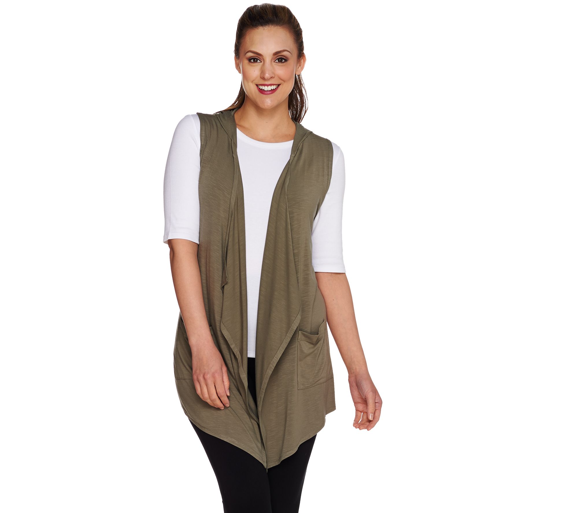 LOGO by Lori Goldstein Open Front Knit Vest with Hood - QVC.com