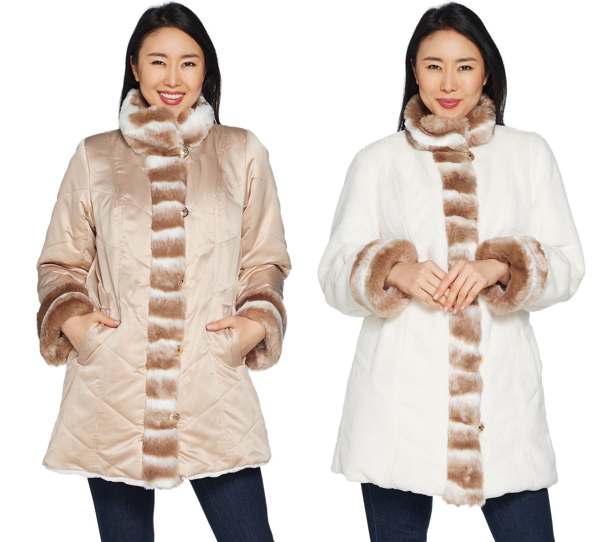 Dennis Basso Reversible Stand Collar Coat with Faux Fur Trim - QVC.com