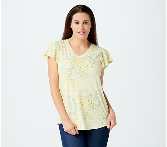 Isaac Mizrahi Live! Mixed Ditsy Floral Flutter Sleeve Knit Top