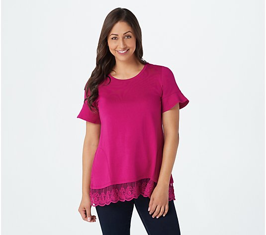 "As Is" LOGO by Lori Goldstein Cotton Modal Top with Lace Hem