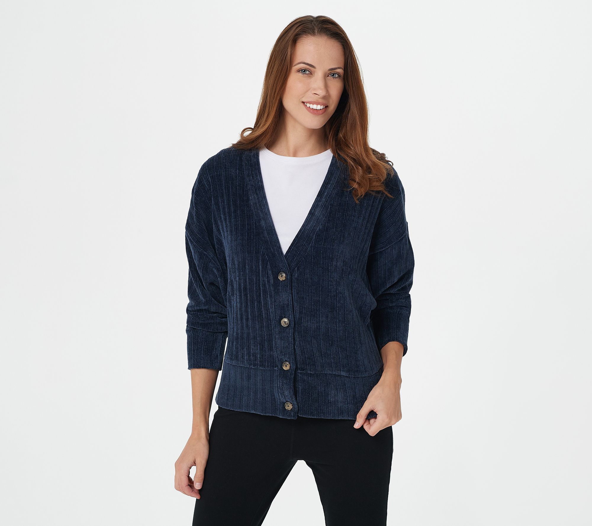 Anybody Chenille Button Front Cardigan with Rib Trim - QVC.com
