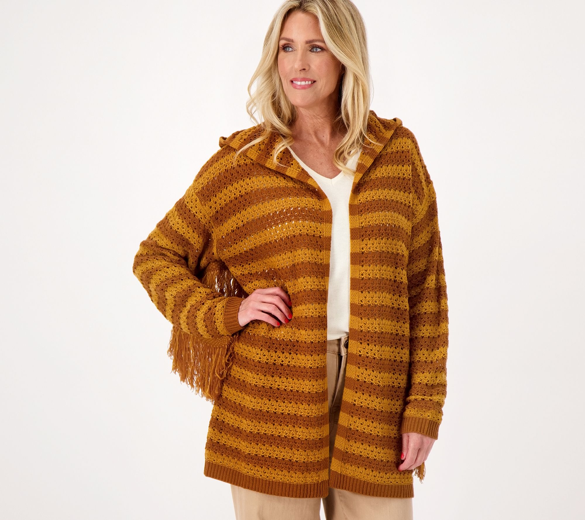 Attitudes by Renee Striped Cardigan w/Hood and Fringe Detail - QVC.com