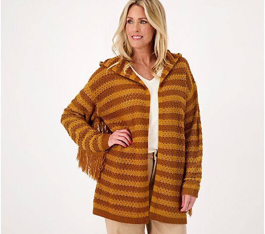 Attitudes by Renee Striped Cardigan w/Hood and Fringe Detail