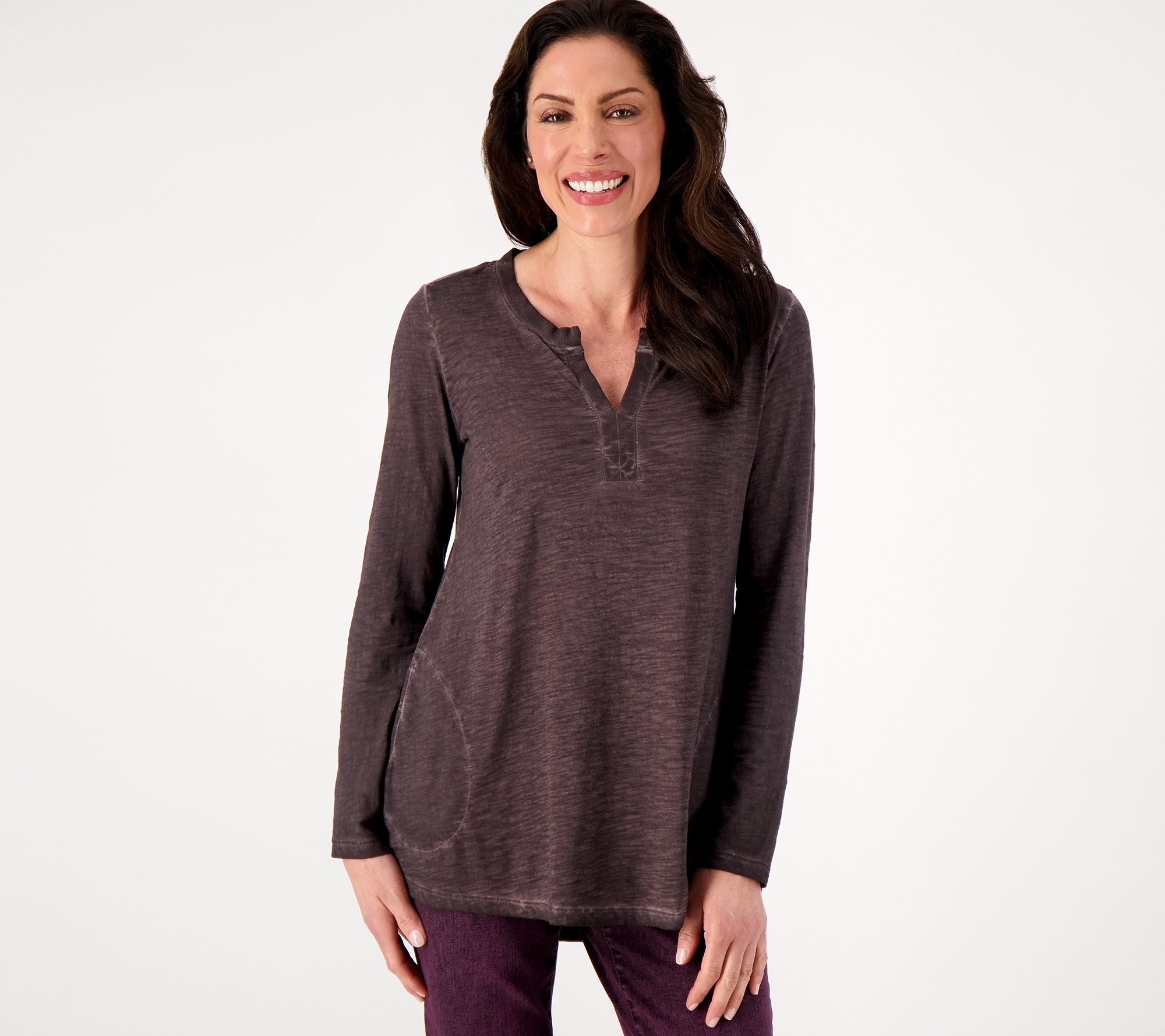 LOGO by Lori Goldstein Distressed Cotton Split Neck Top