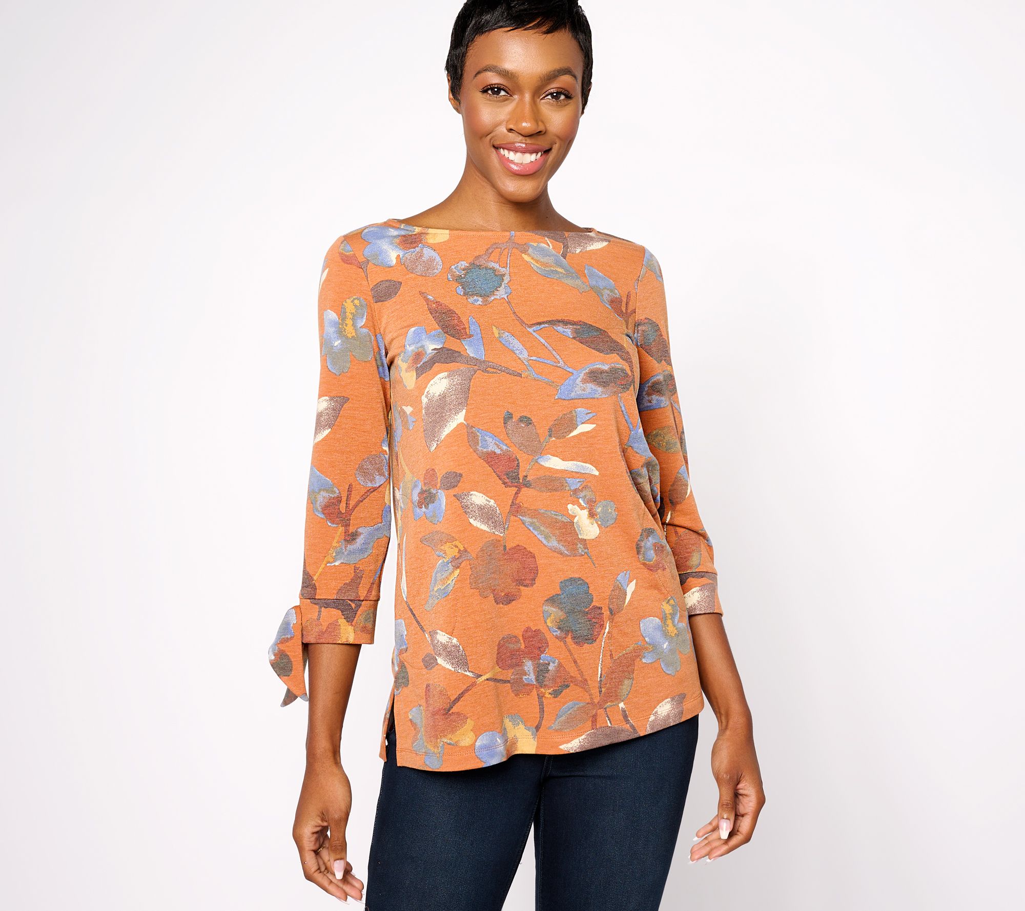 Susan Graver Weekend Petite Printed Smooth Jersey Tunic with Ties - QVC.com