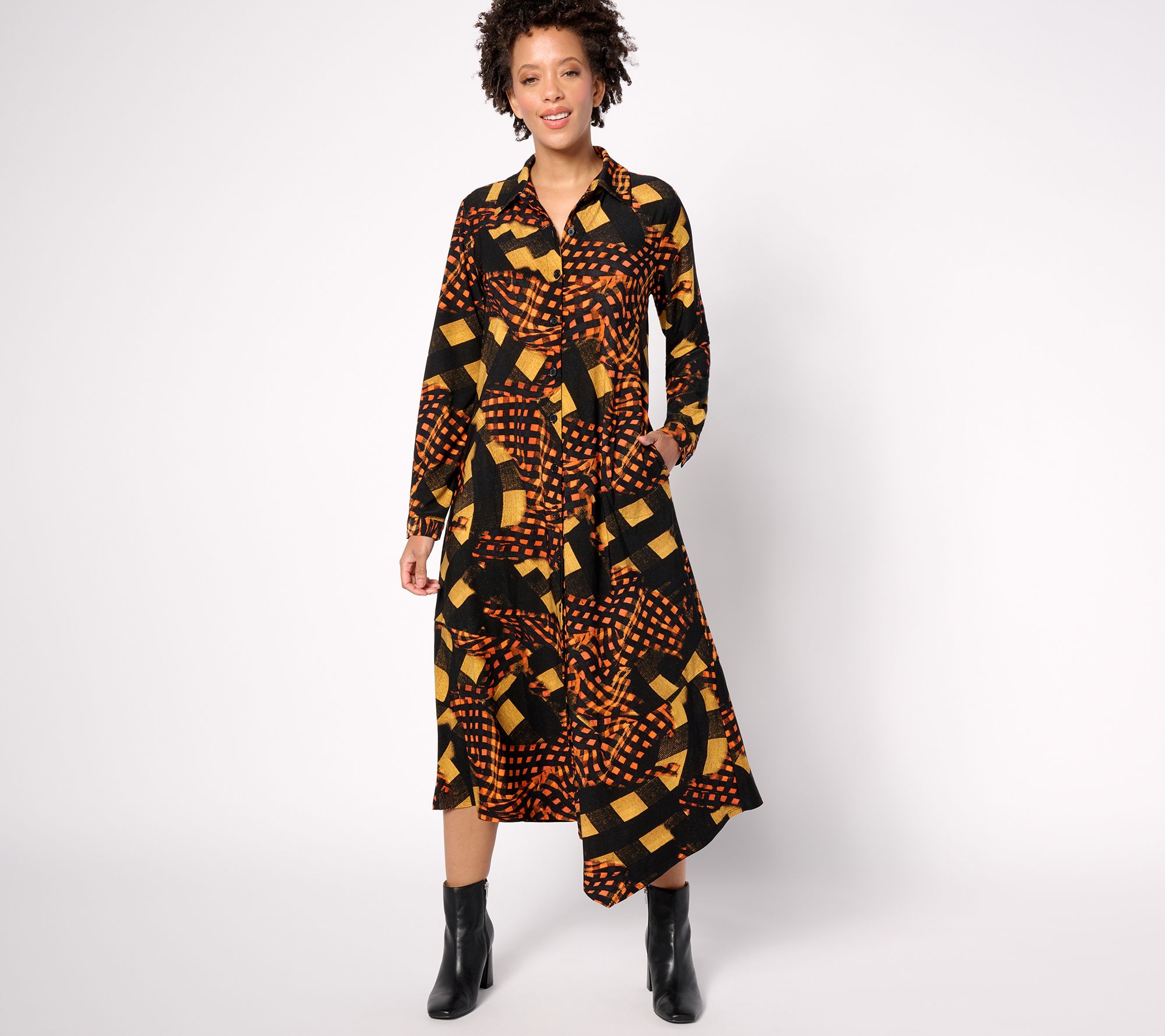 Attitudes by Renee Pet. Como Jersey Plaid Button Front Midi Dress