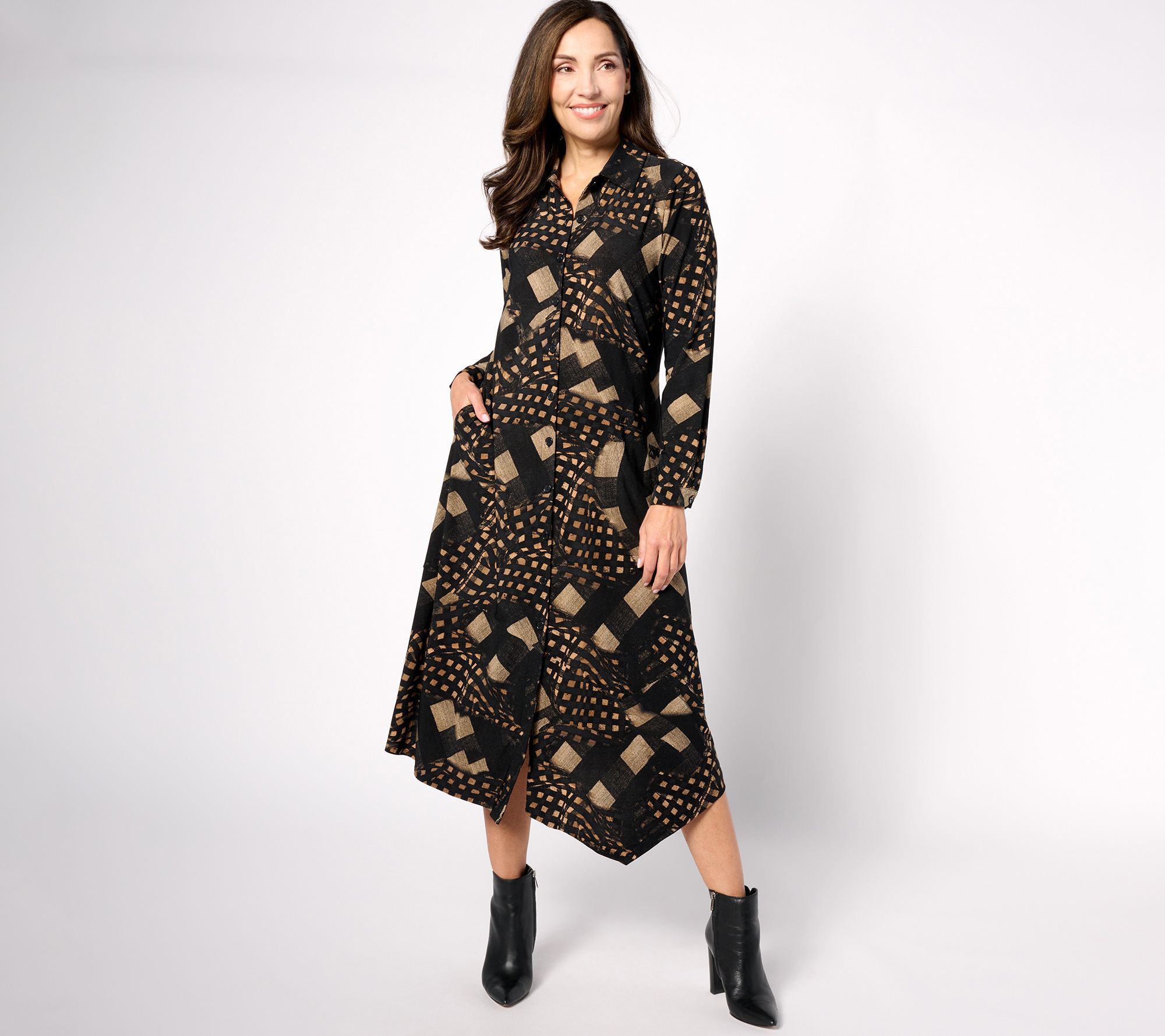 Attitudes by Renee Pet. Como Jersey Plaid Button Front Midi Dress