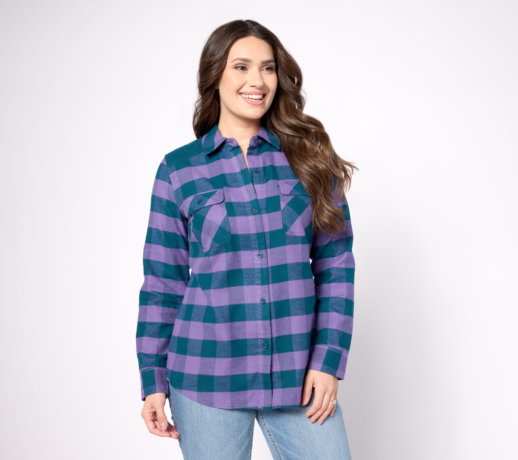 Denim & Co. Buffalo Plaid Button Front FlannelShirt, Size XX-Small, Wisteria