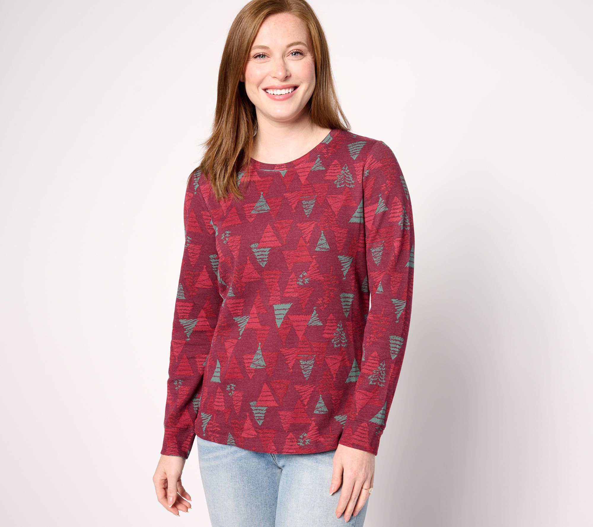 Denim & Co. Printed Waffle Knit Round Neck Long Sleeve Top