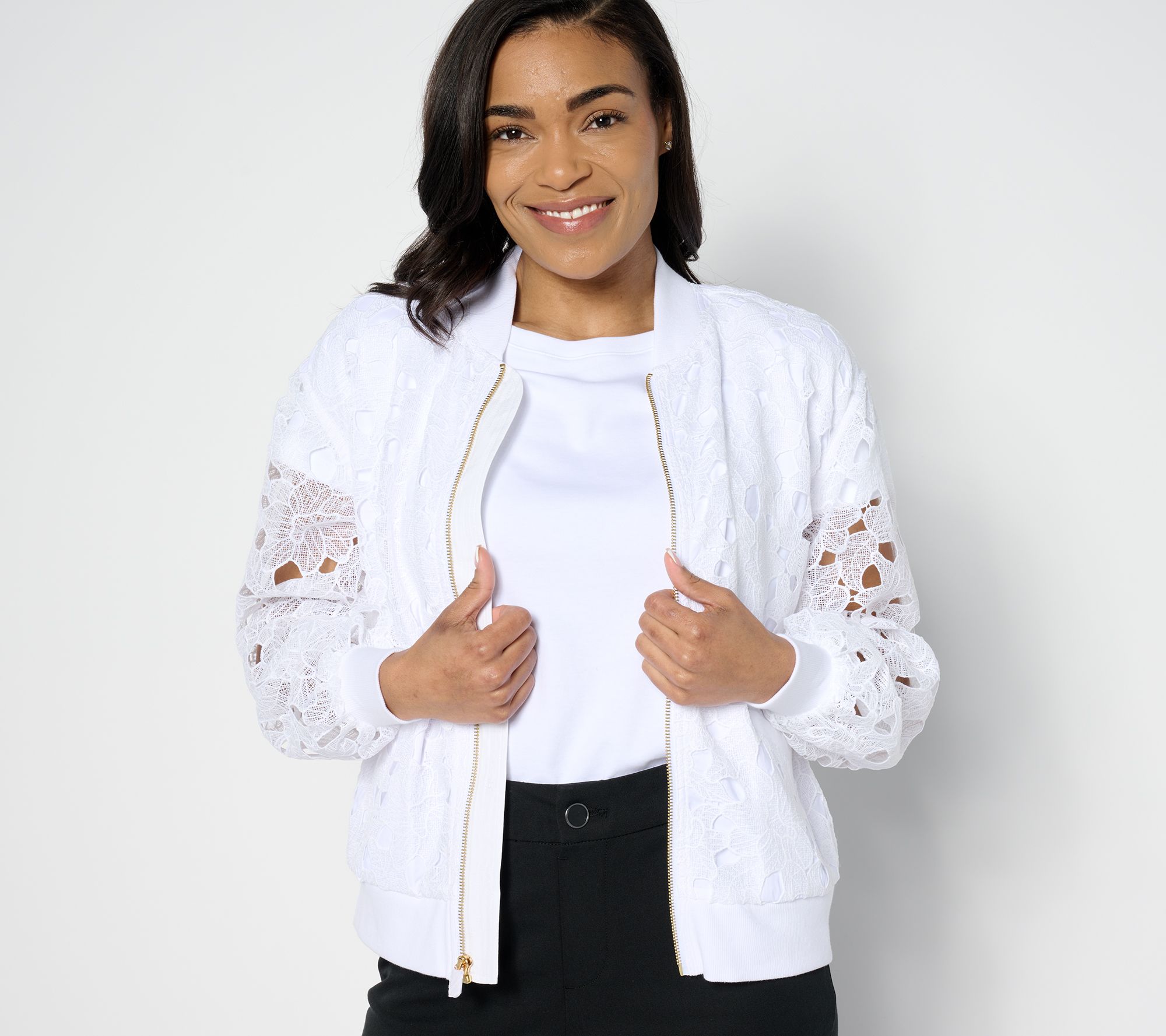 Isaac Mizrahi Live! Zip Front Lace Bomber Jacket with Pockets