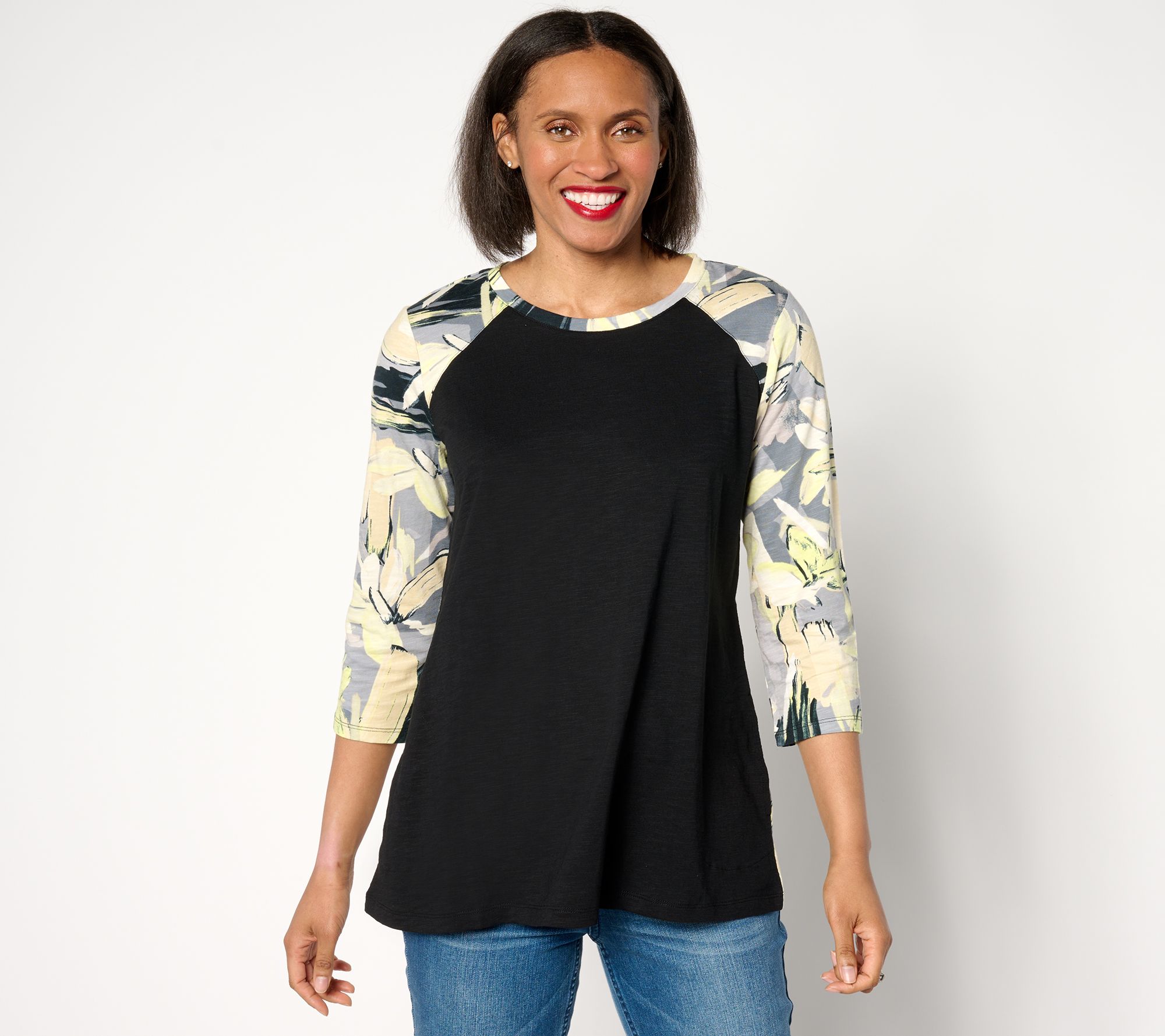 LOGO by Lori Goldstein Cotton Slub Print Mix Swing Top