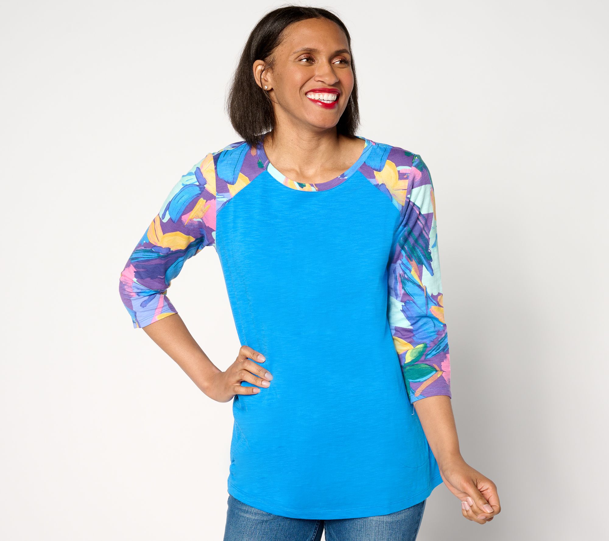 LOGO by Lori Goldstein Cotton Slub Print Mix Swing Top