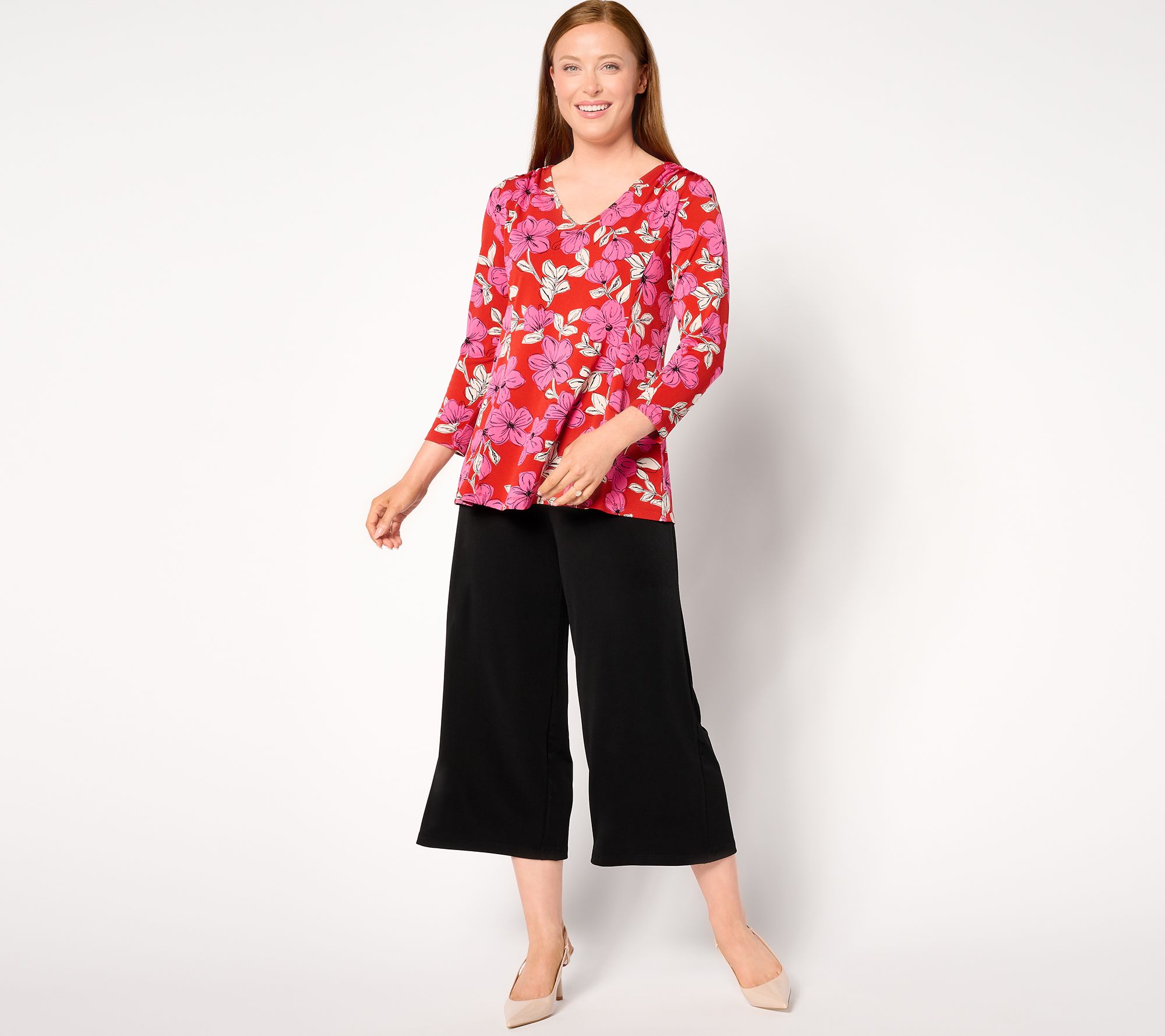Susan Graver Printed Textured Liquid Knit 3/4-Sleeve Fit