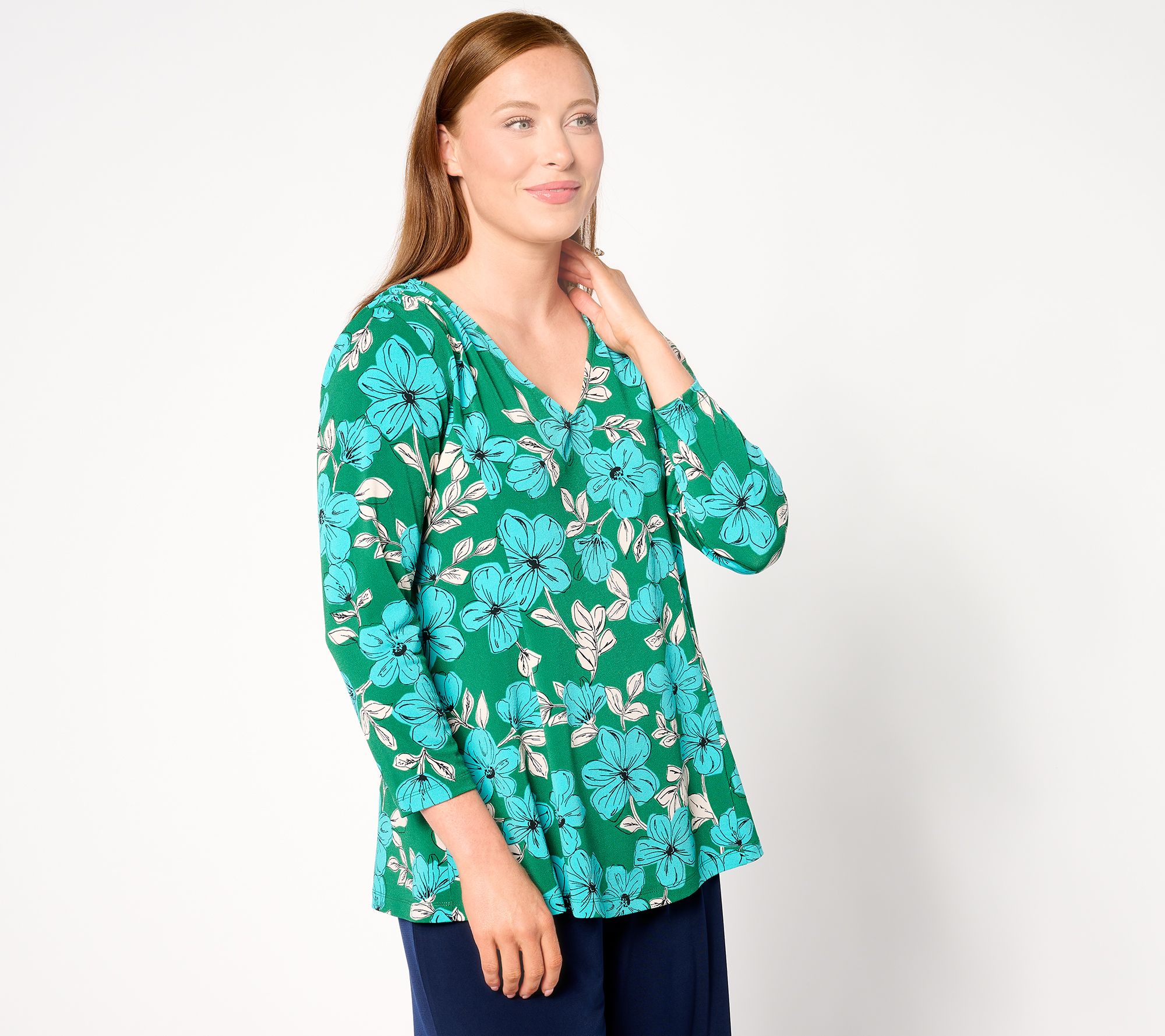 Susan Graver Printed Textured Liquid Knit 3/4-Sleeve Fit & Flare Top