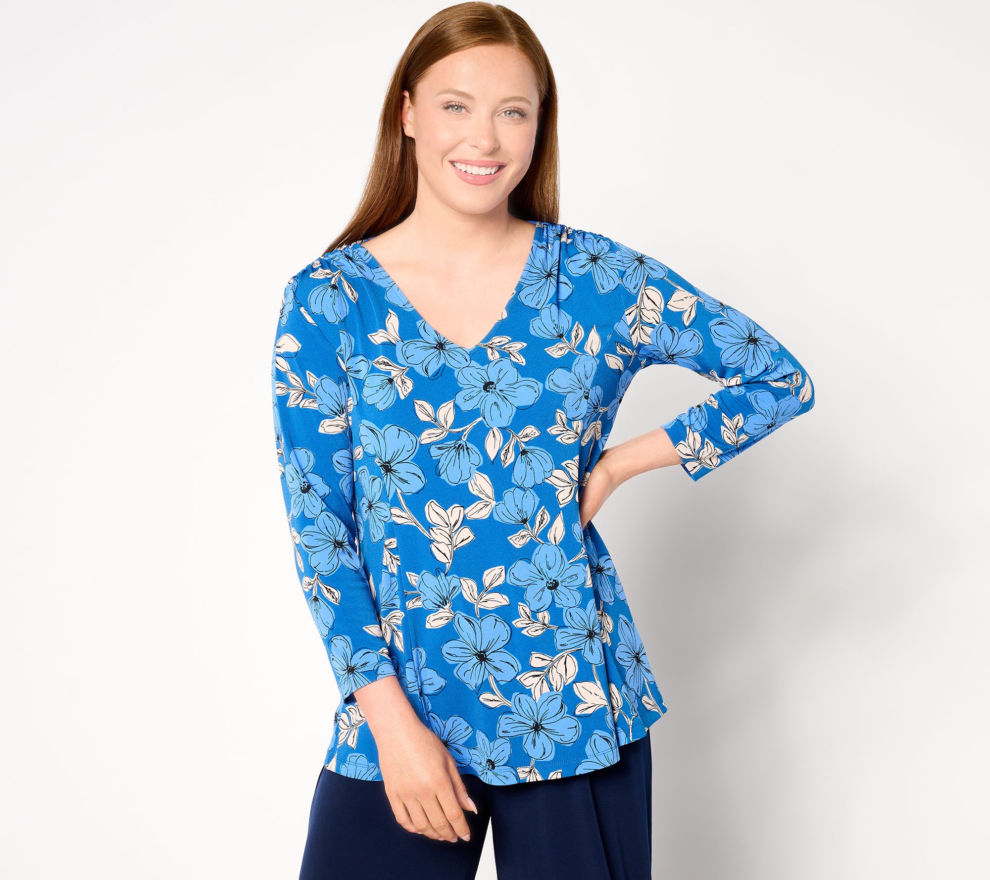 Susan Graver Printed Textured Liquid Knit 3/4-Sleeve Fit & Flare Top