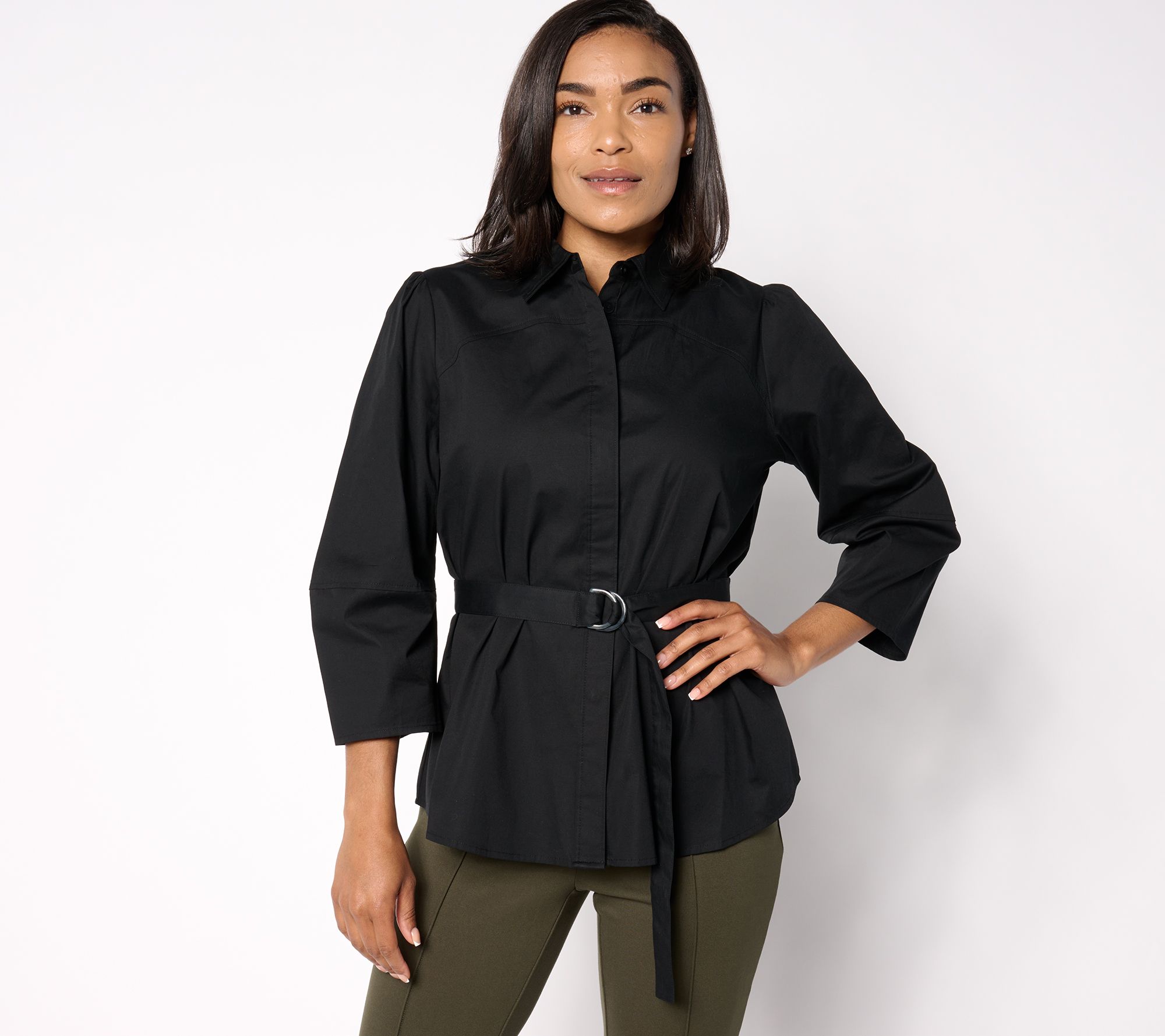 BEAUTIFUL by Lawrence Zarian Poplin Belted 3/4 Sleeve Top