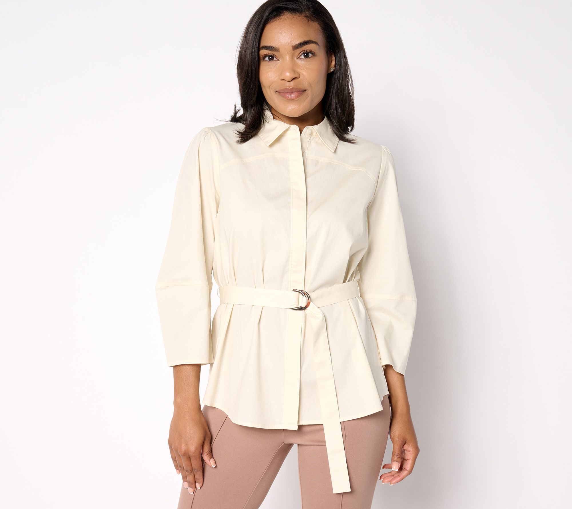 BEAUTIFUL by Lawrence Zarian Poplin Belted 3/4 Sleeve Top