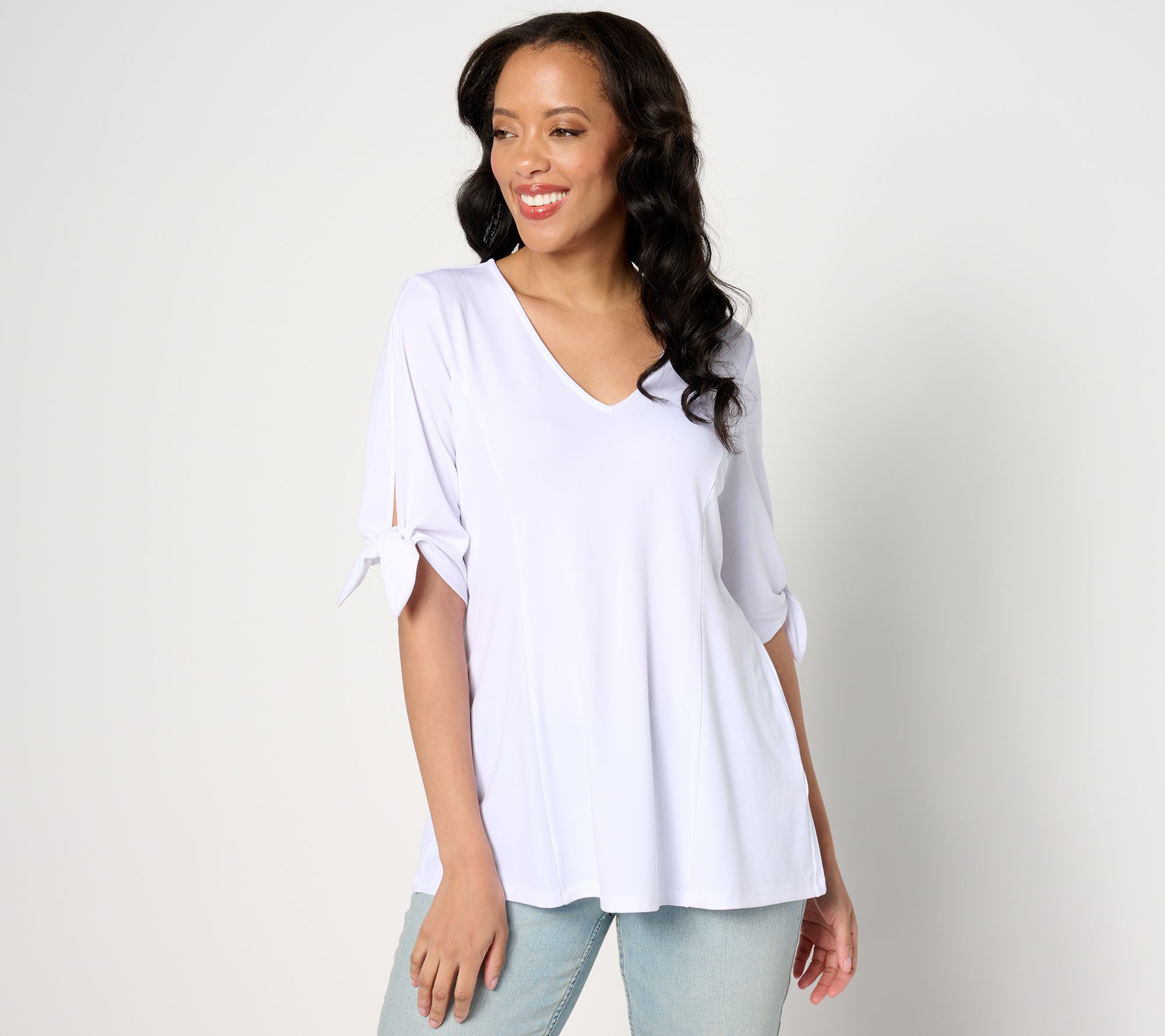 "As Is" Susan Graver Liquid Knit Elbow Tie-Sleeve Fit & Flare Top
