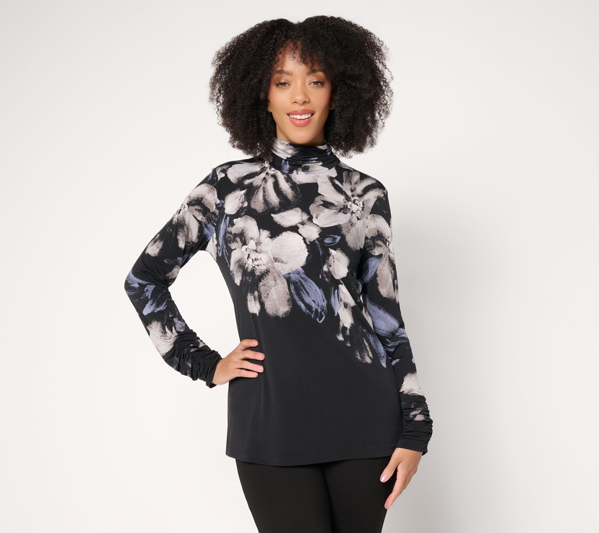 Susan Graver Petite Printed Liquid Knit Mock Neck Long Sleeve Top