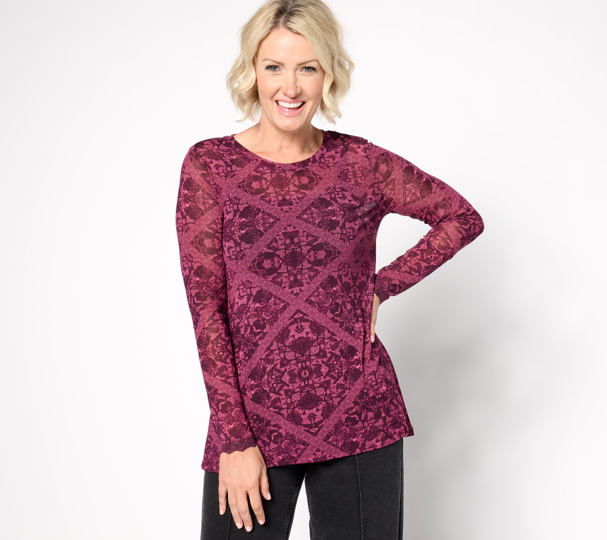 LOGO Layers by Lori Goldstein Crew Neck Printed Mesh Top w/Lace Trim