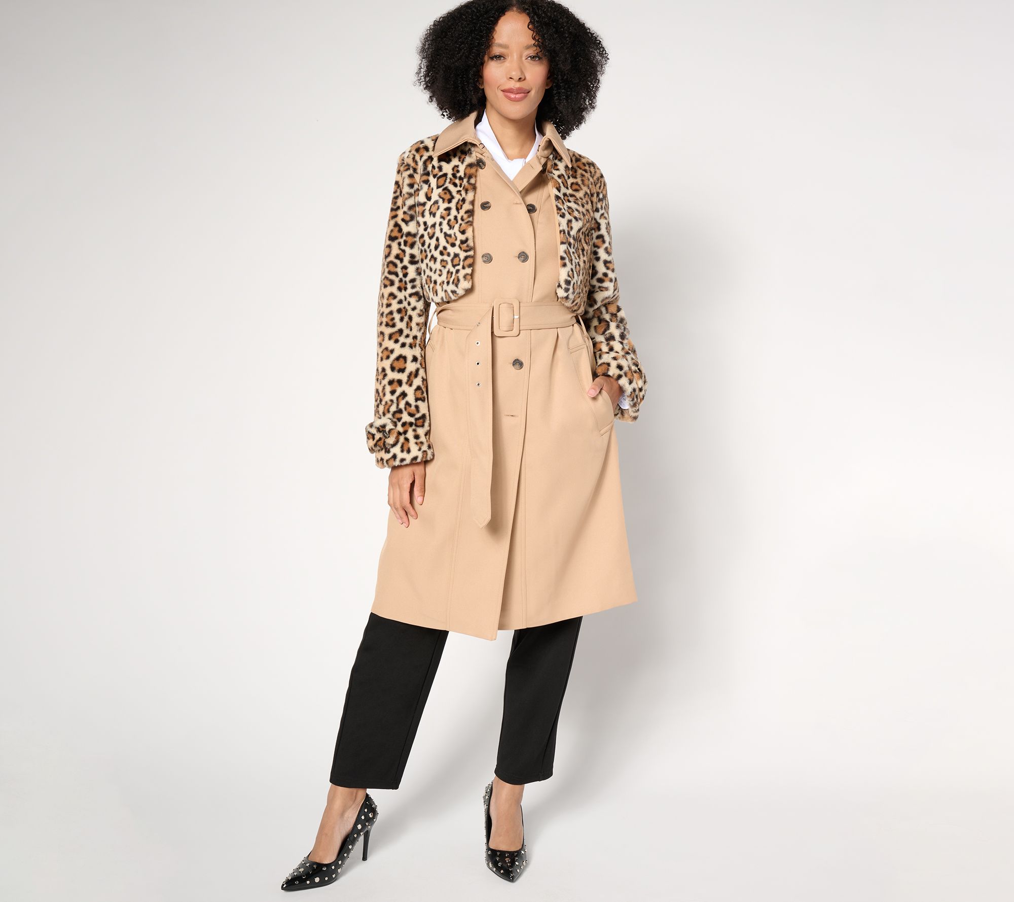 by Stacy London Petite Trench with Removable Jacket-Faux Fur