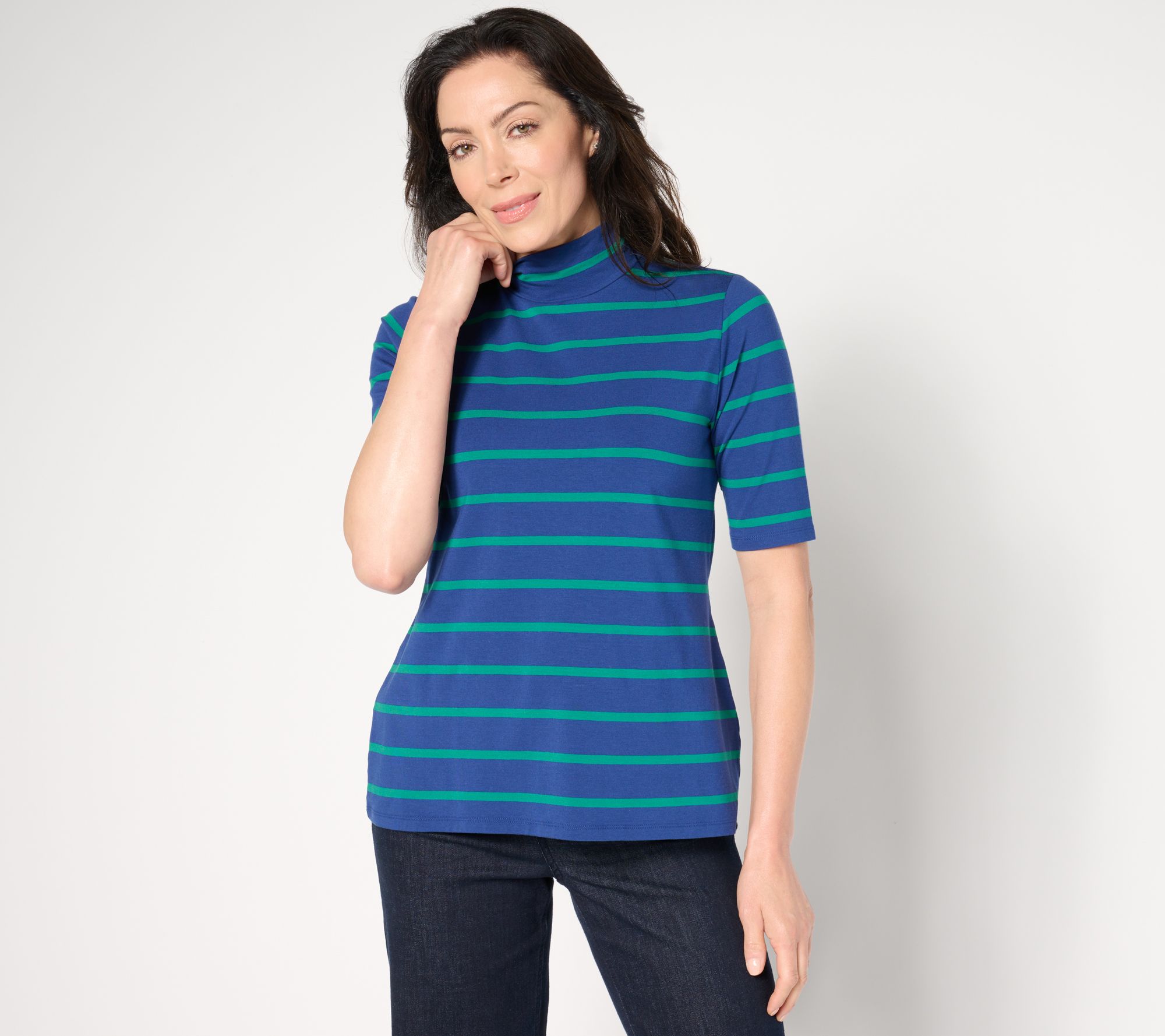 "As Is" Isaac Mizrahi Live! Elbow Sleeve Yarn Dye Stripe Mock Neck Top