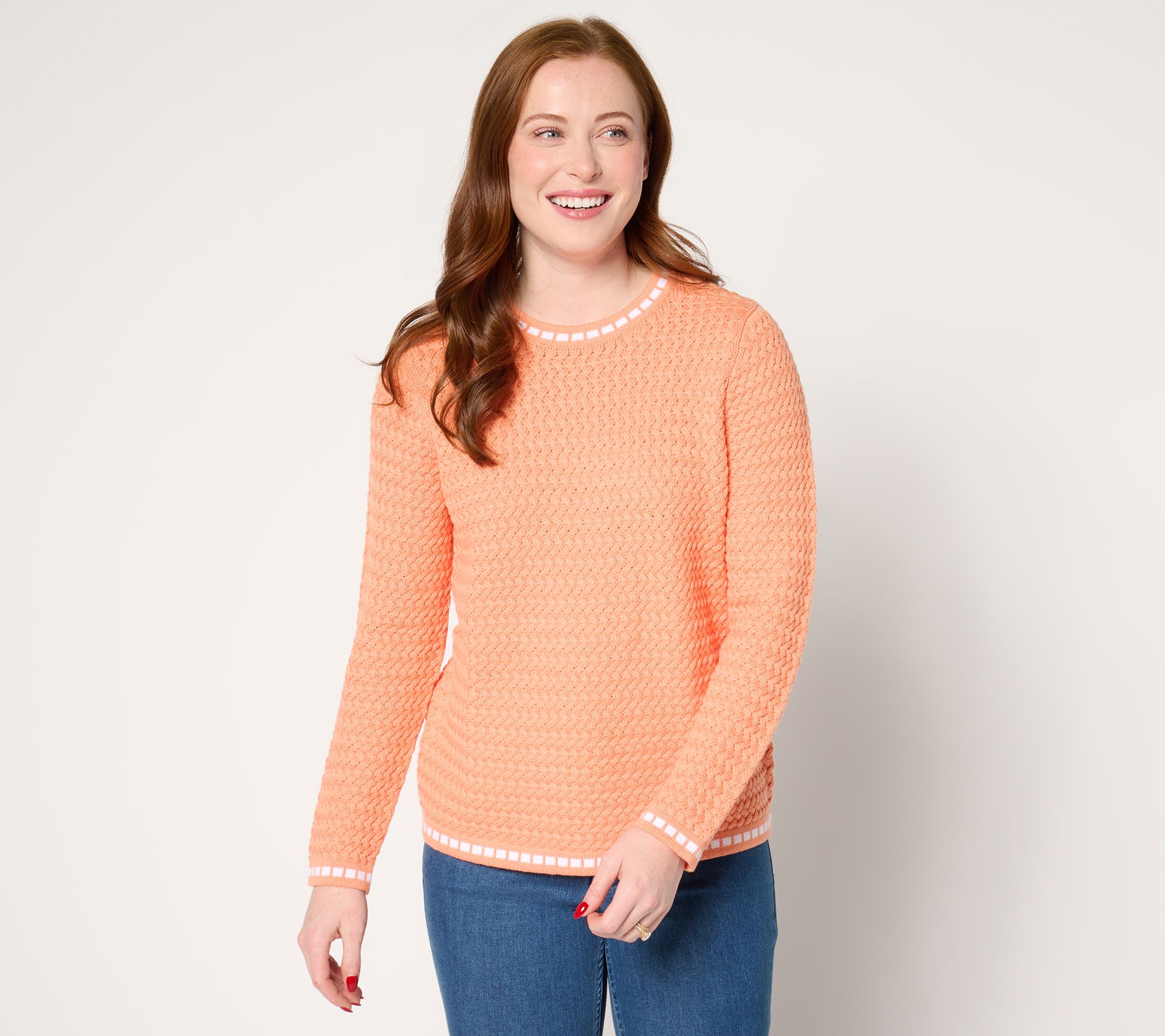 Sport Savvy 100% Cotton Basket Stitch Sweater with Novelty Tipping