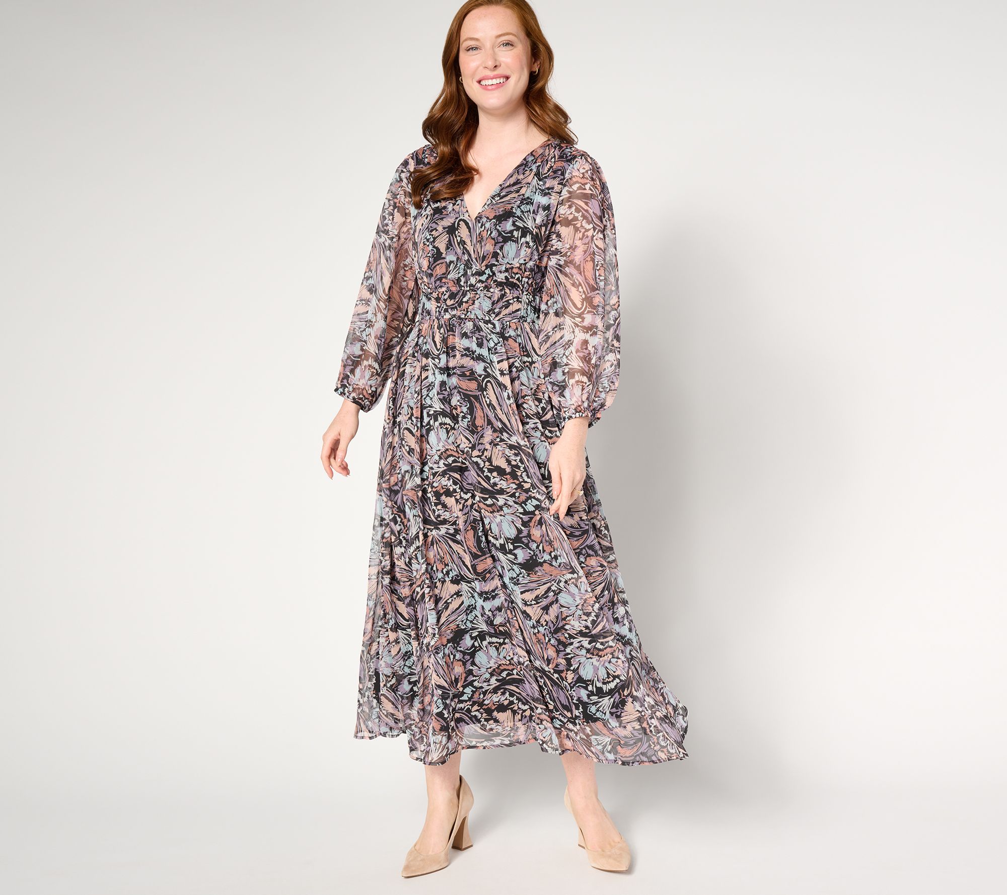 "As Is" Destination 365 Printed V-Neck Chiffon Midi Dress