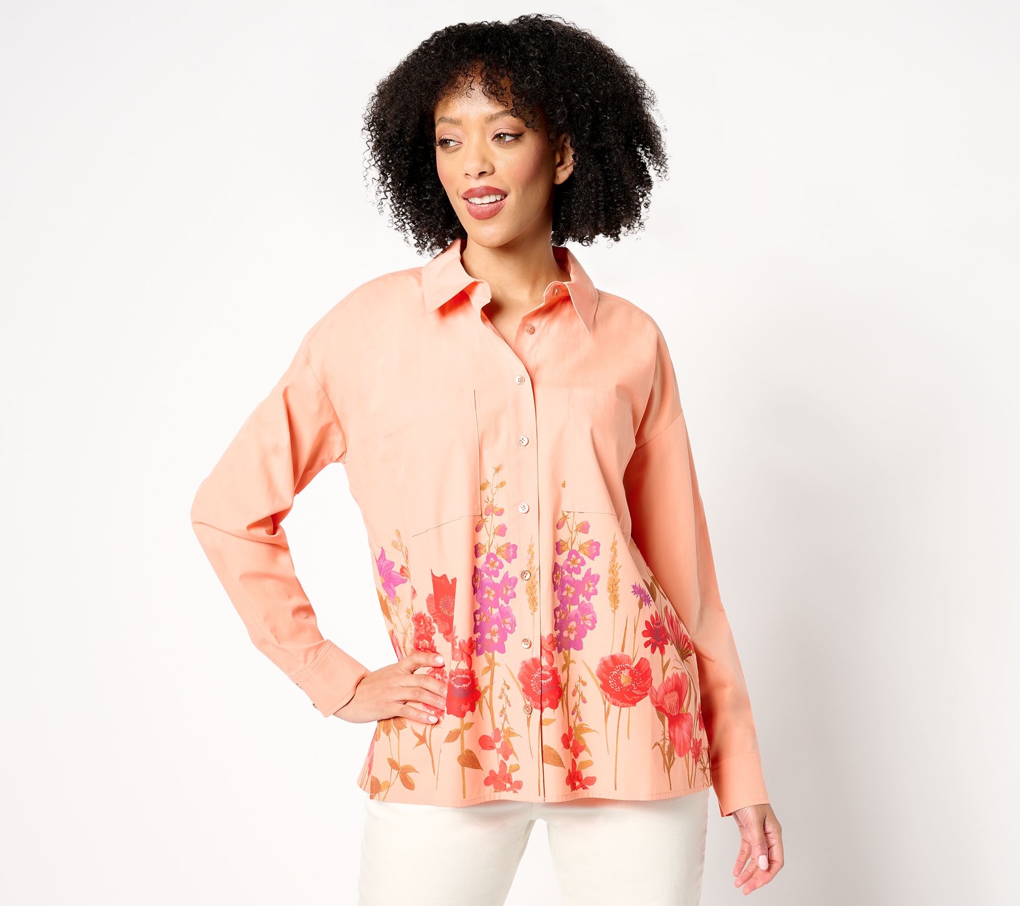 Attitudes by Renee Petite Button Front Shirt with Border Print
