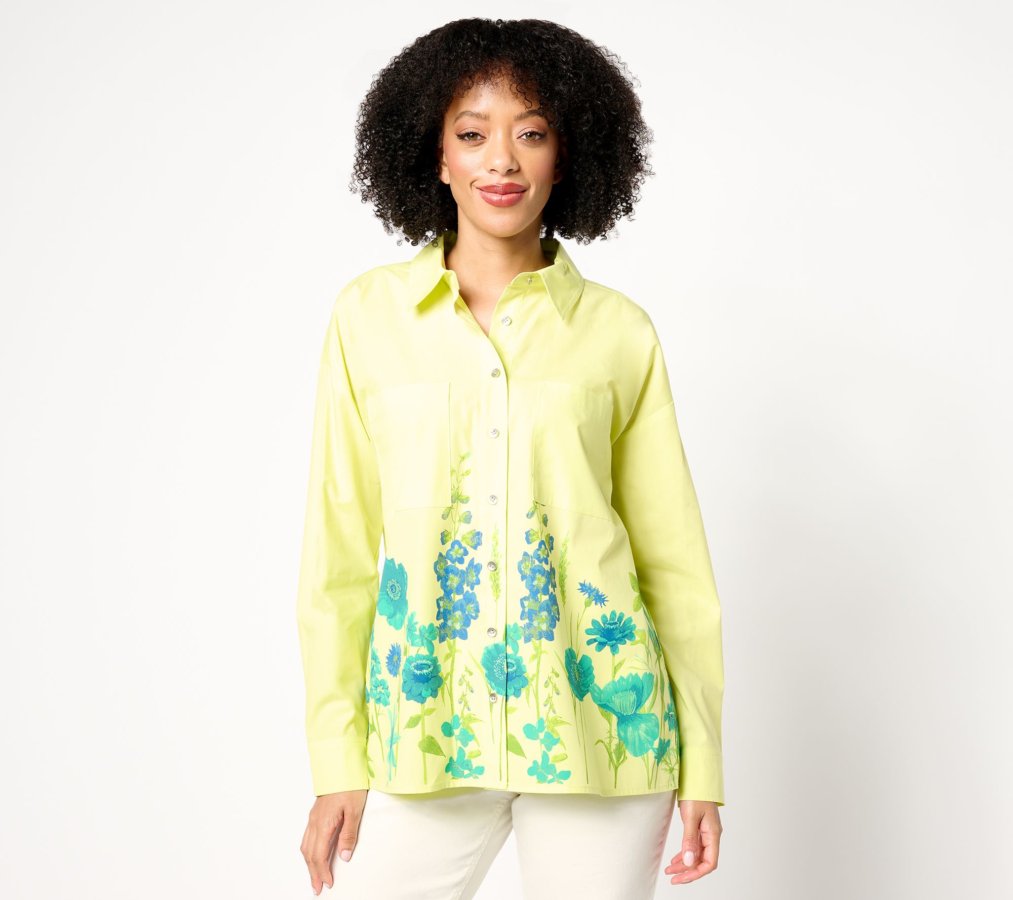 Women with Control Petite Button Front Shirt with Border Print