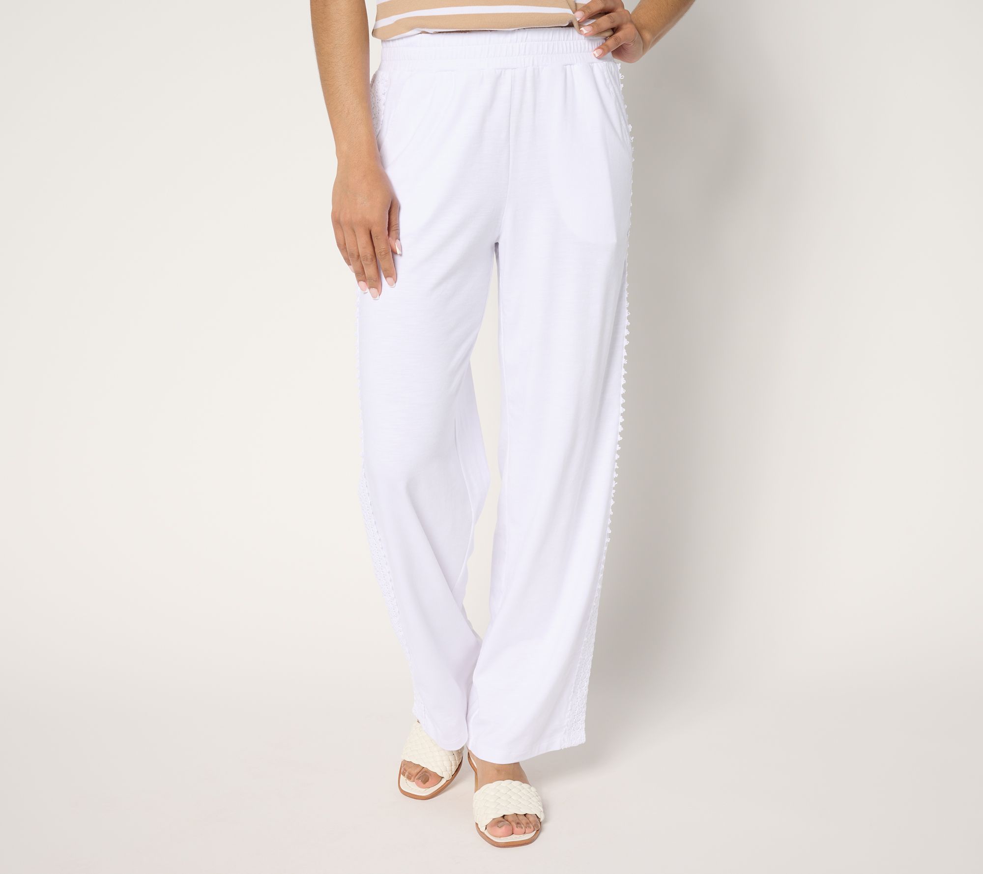 Belle by Kim Gravel Petite Slub Knit Pull On Pant w/ Crochet Trim