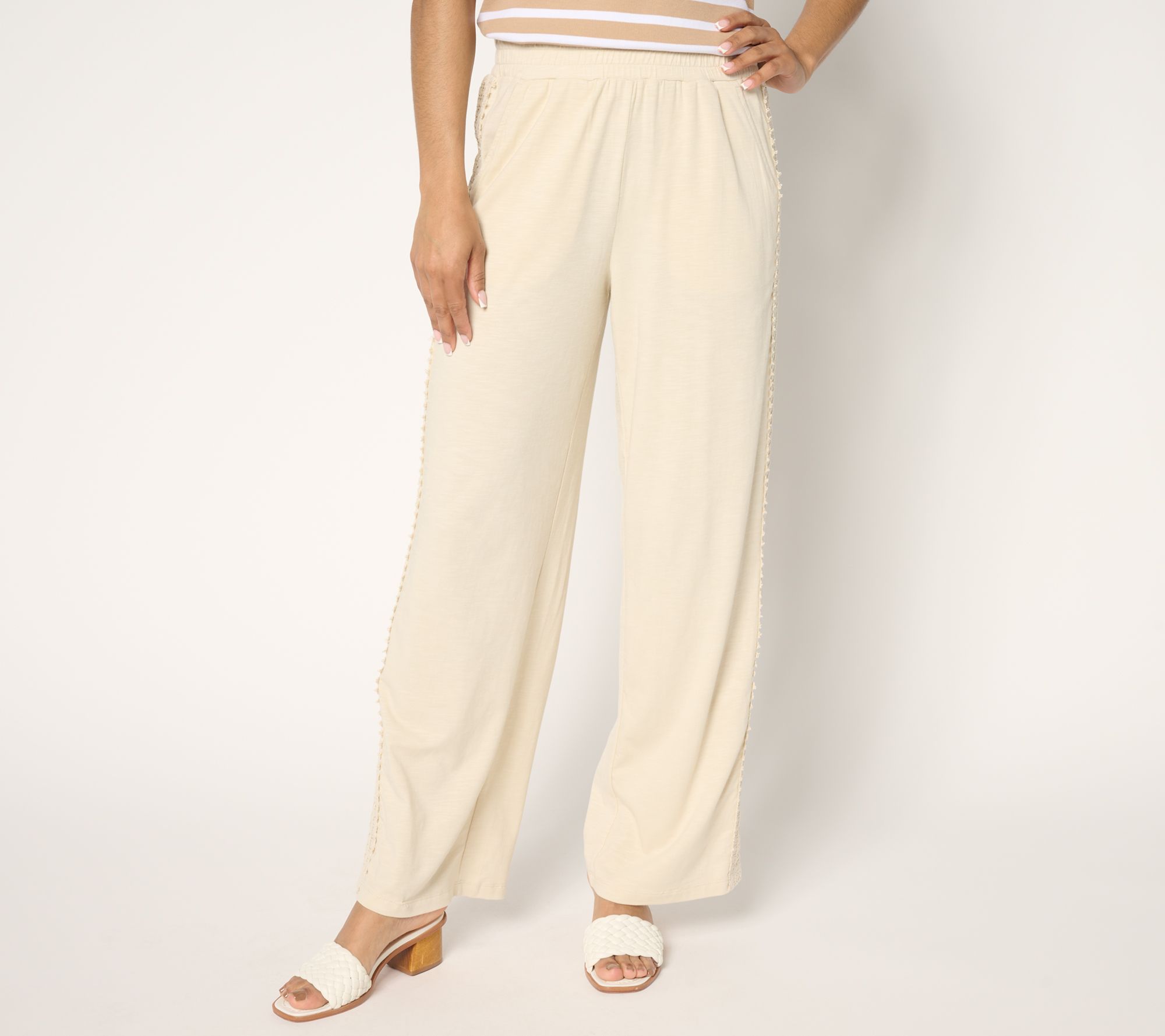 Belle by Kim Gravel Petite Slub Knit Pull On Pant w/ Crochet Trim