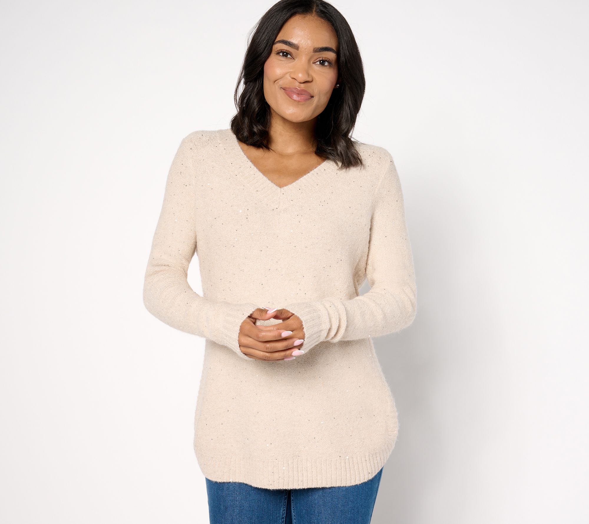 "As Is" Denim & Co. V-Neck Long Sleeve Sparkle Sweater