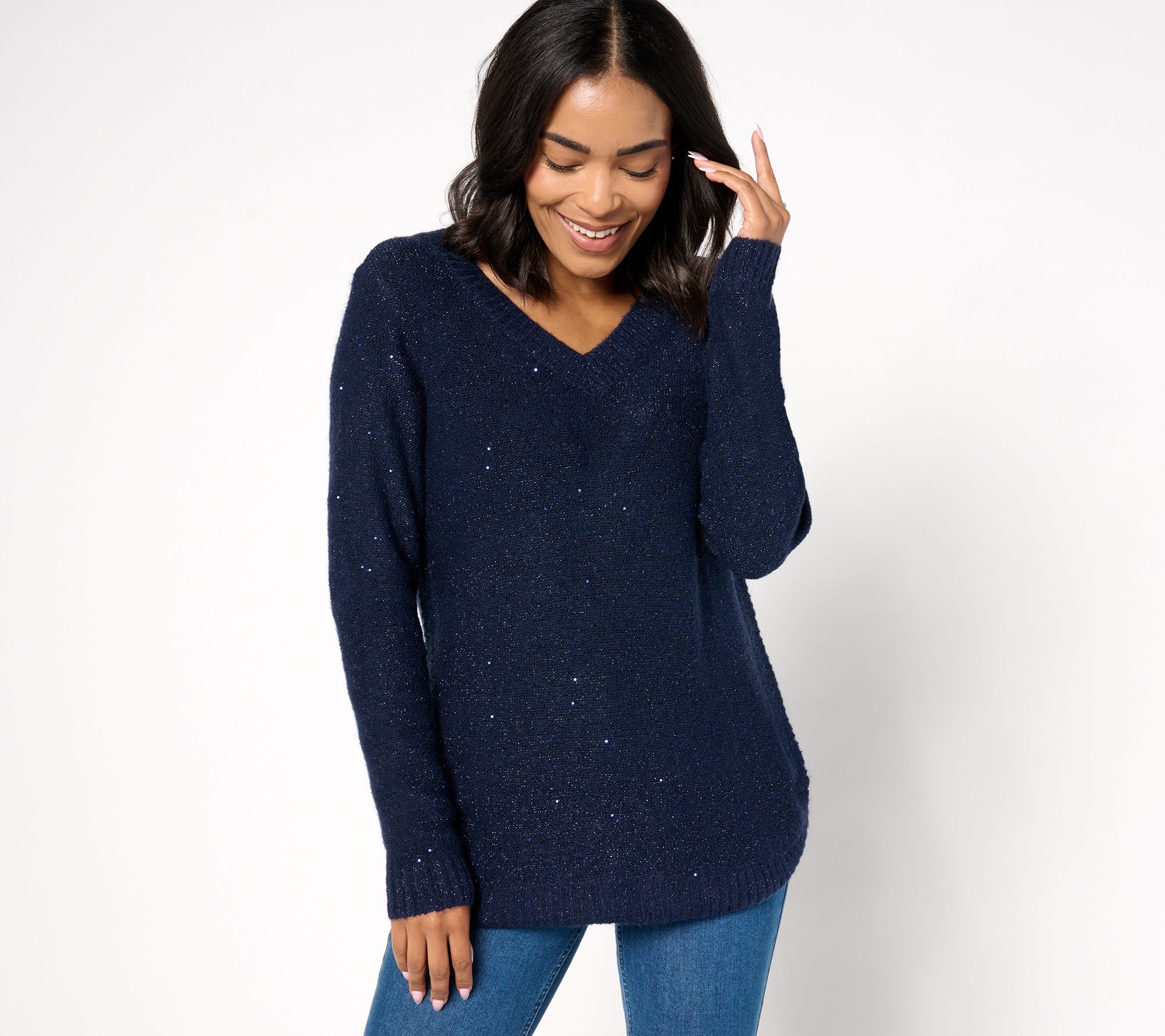 "As Is" Denim & Co. V-Neck Long Sleeve Sparkle Sweater