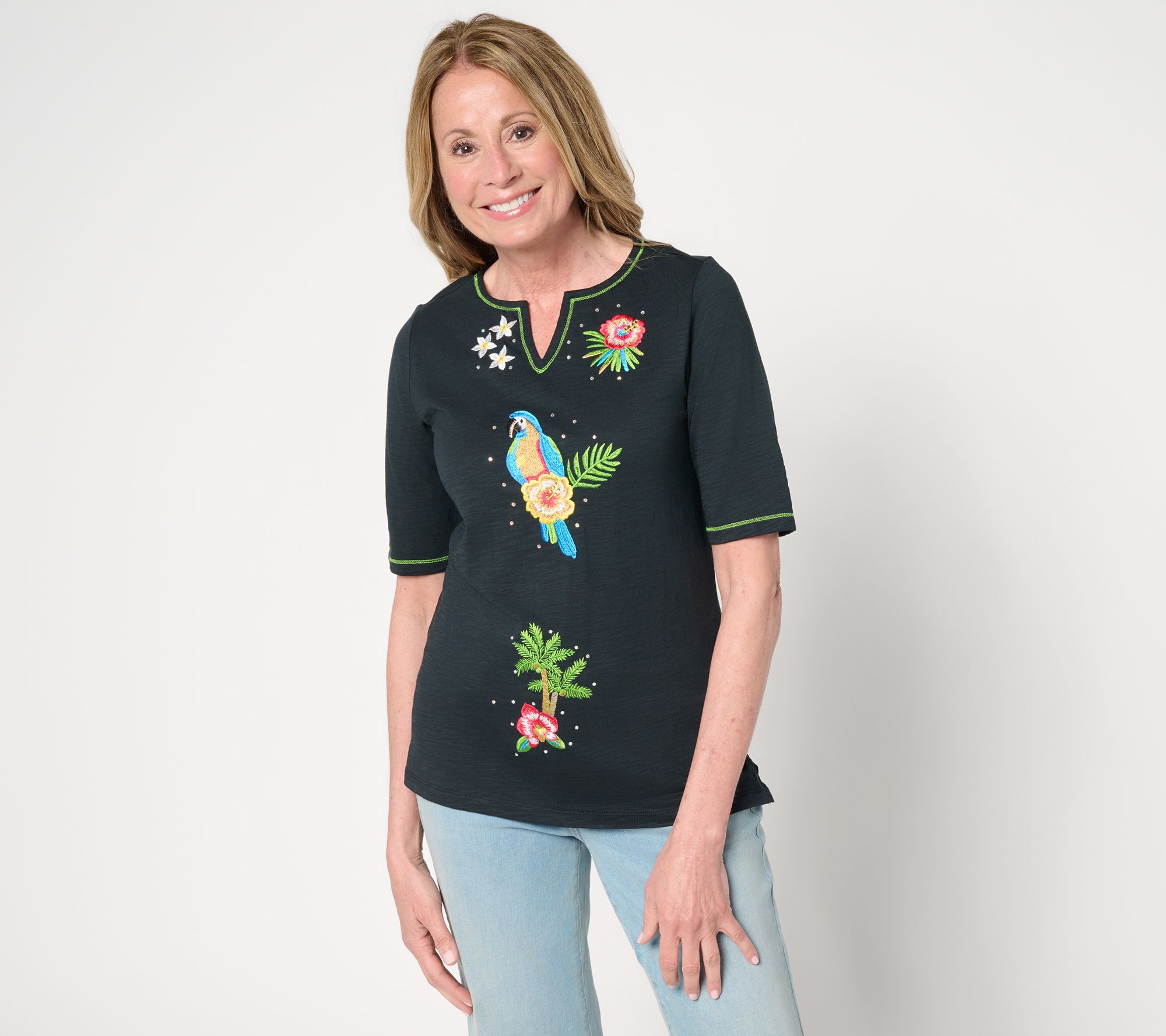 Quacker Factory Hibiscus Holiday Split Neck Elbow Sleeve Top