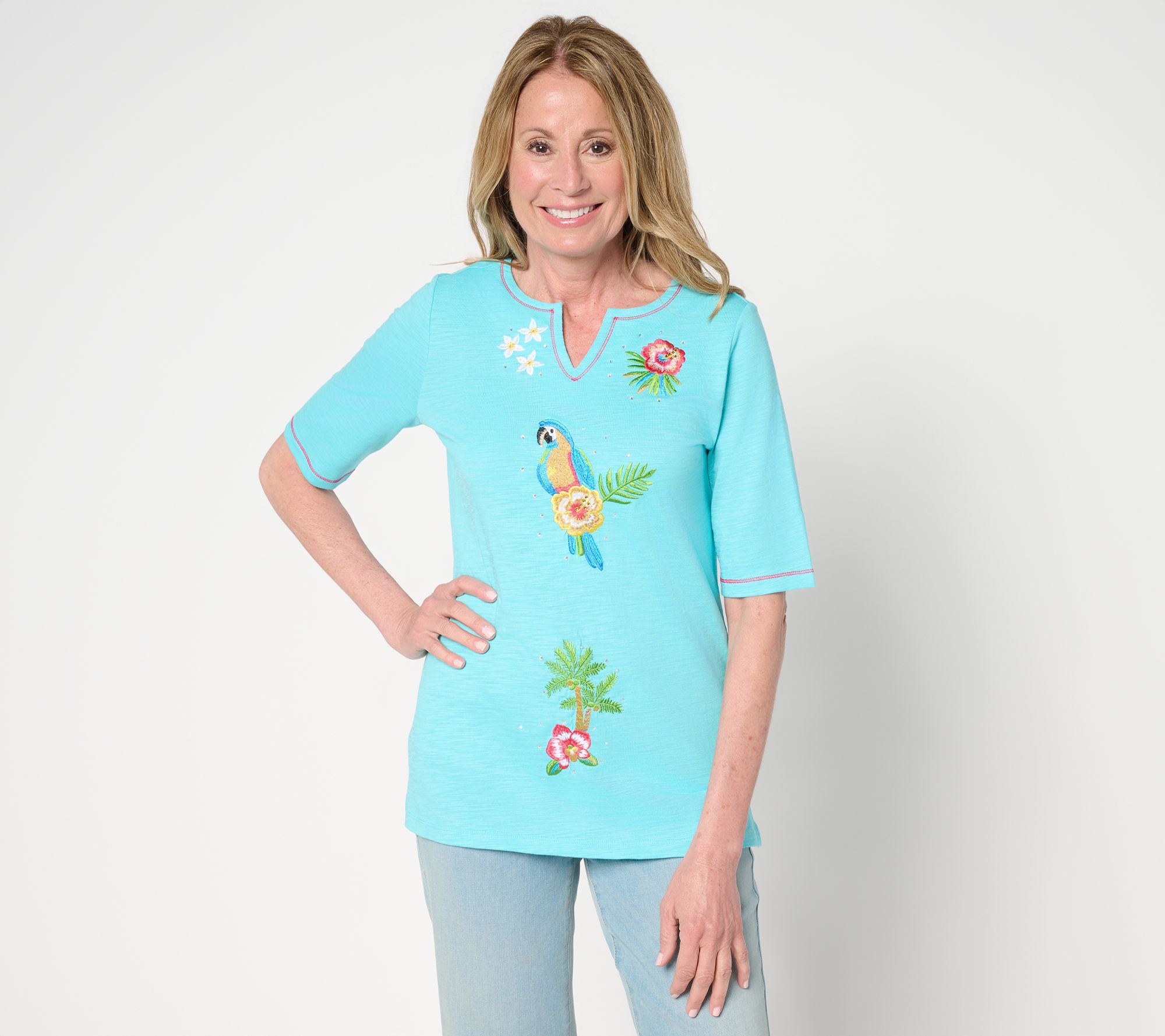 Quacker Factory Hibiscus Holiday Split Neck Elbow Sleeve Top