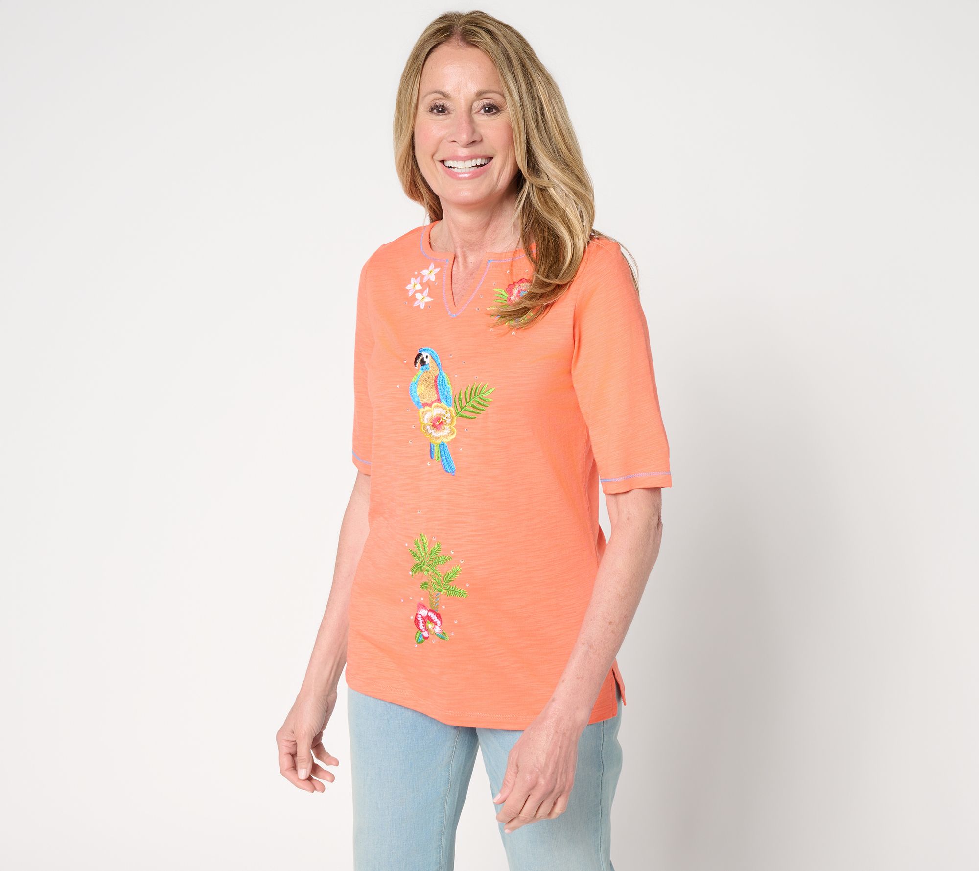 Quacker Factory Hibiscus Holiday Split Neck Elbow Sleeve Top