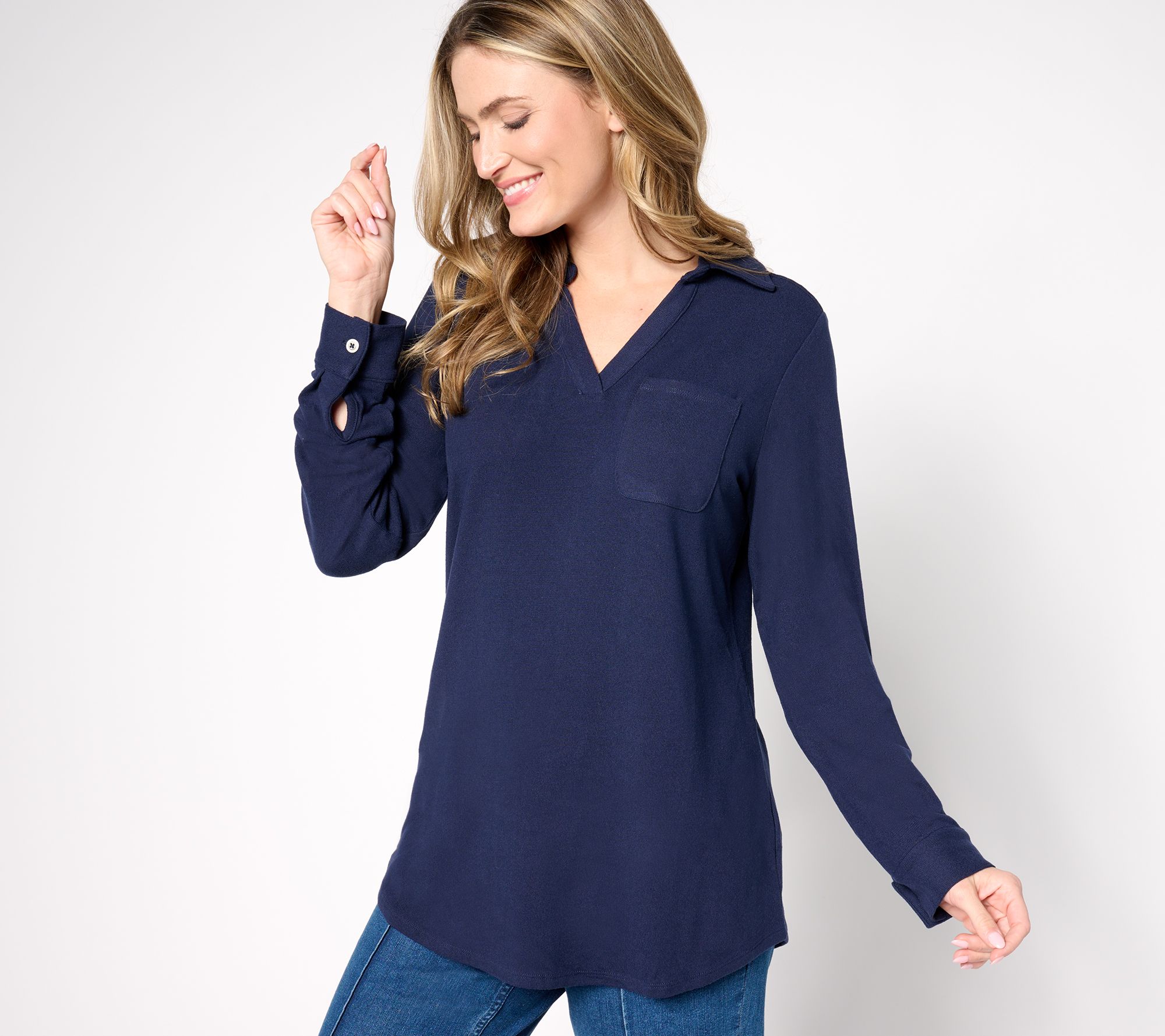 "As Is" Denim & Co. Heavenly Jersey Split Neck Long Sleeve Top