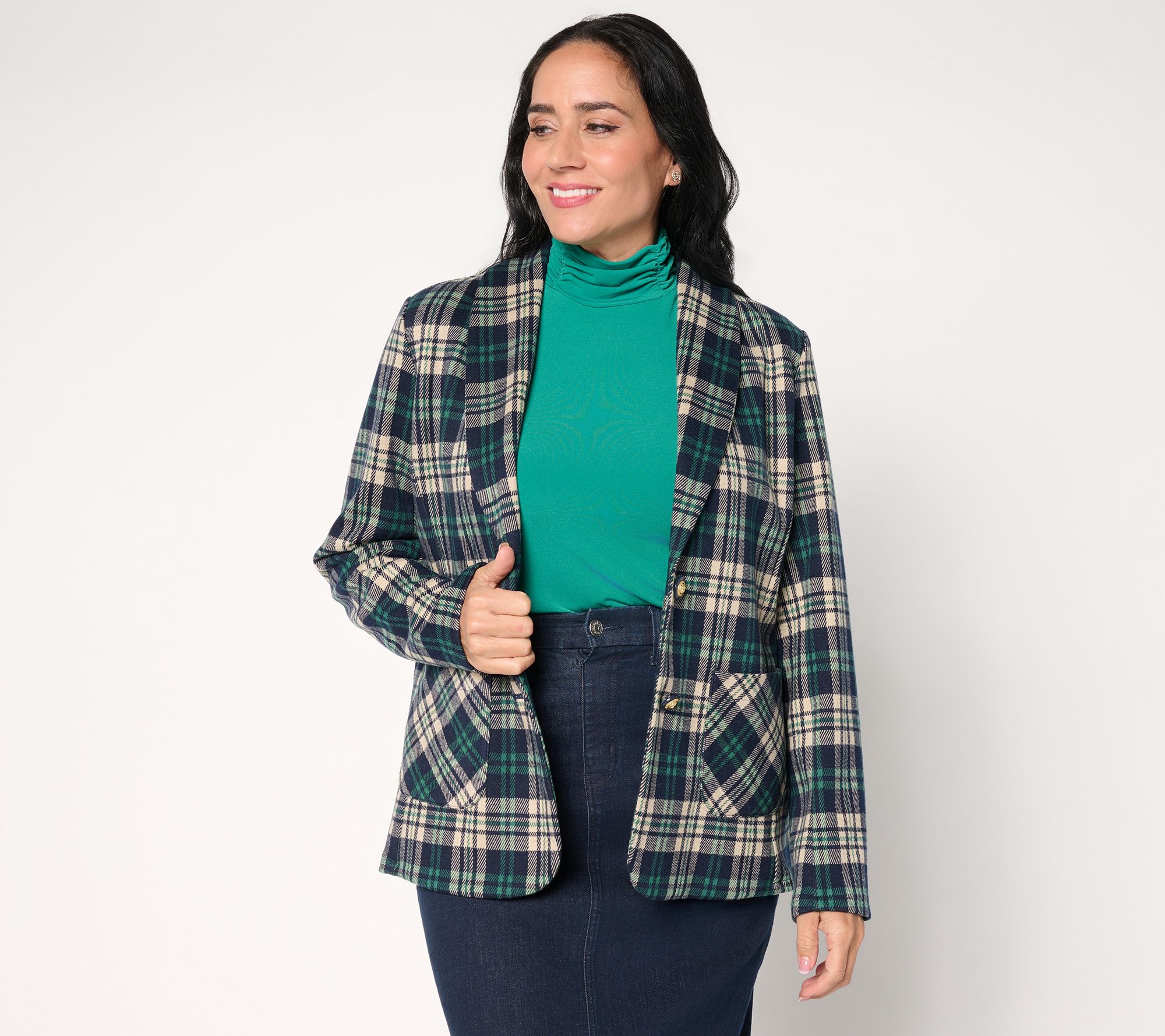 Susan Graver Petite Jacquard Knit Plaid Shawl Collar Blazer