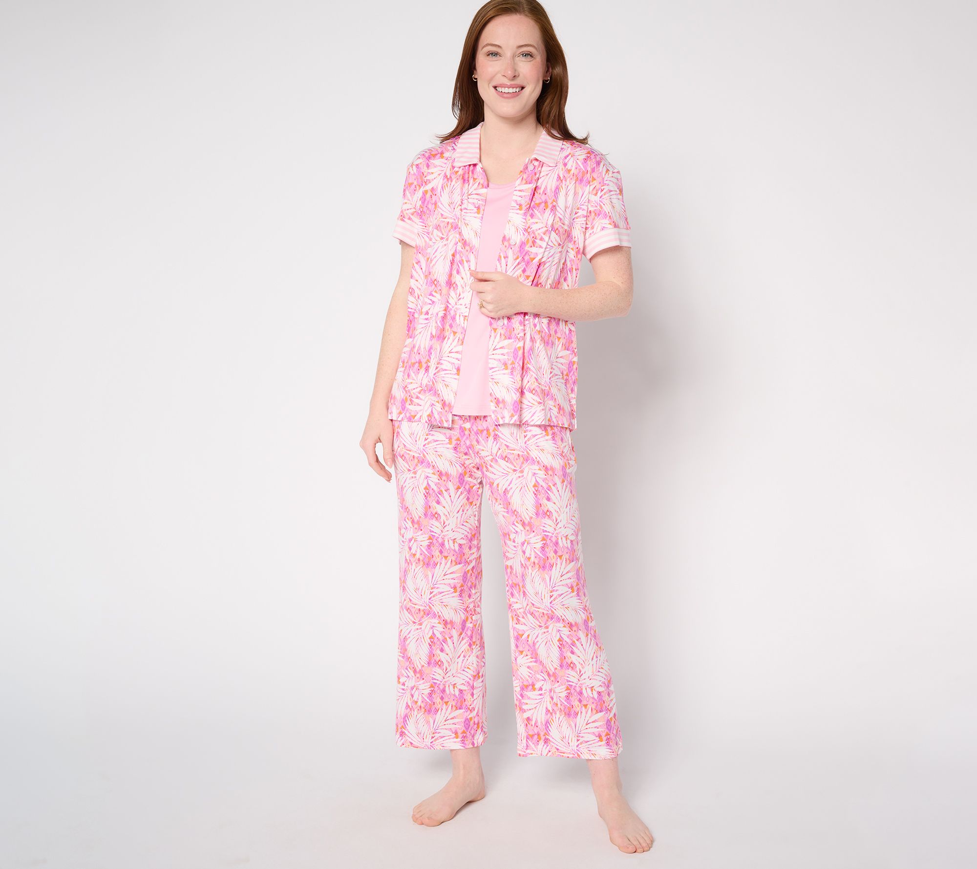 "As Is" MUK LUKS Tall Cloud Knit Button Up, Tank & Crop Pant PJ Set