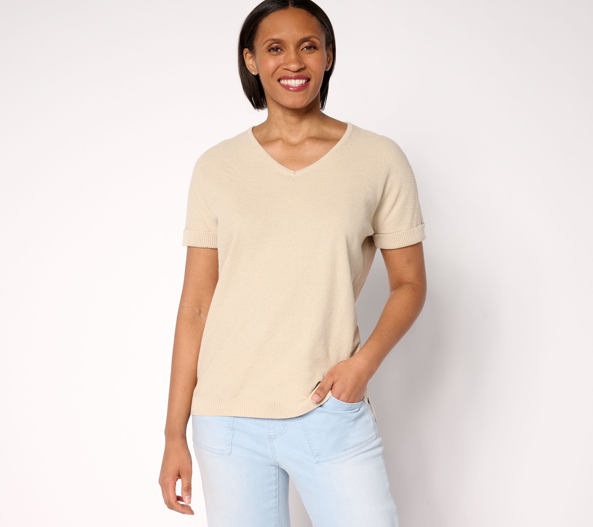 "As Is" Belle by Kim Gravel Harbor Island Short Sleeve Cuffed Sweater