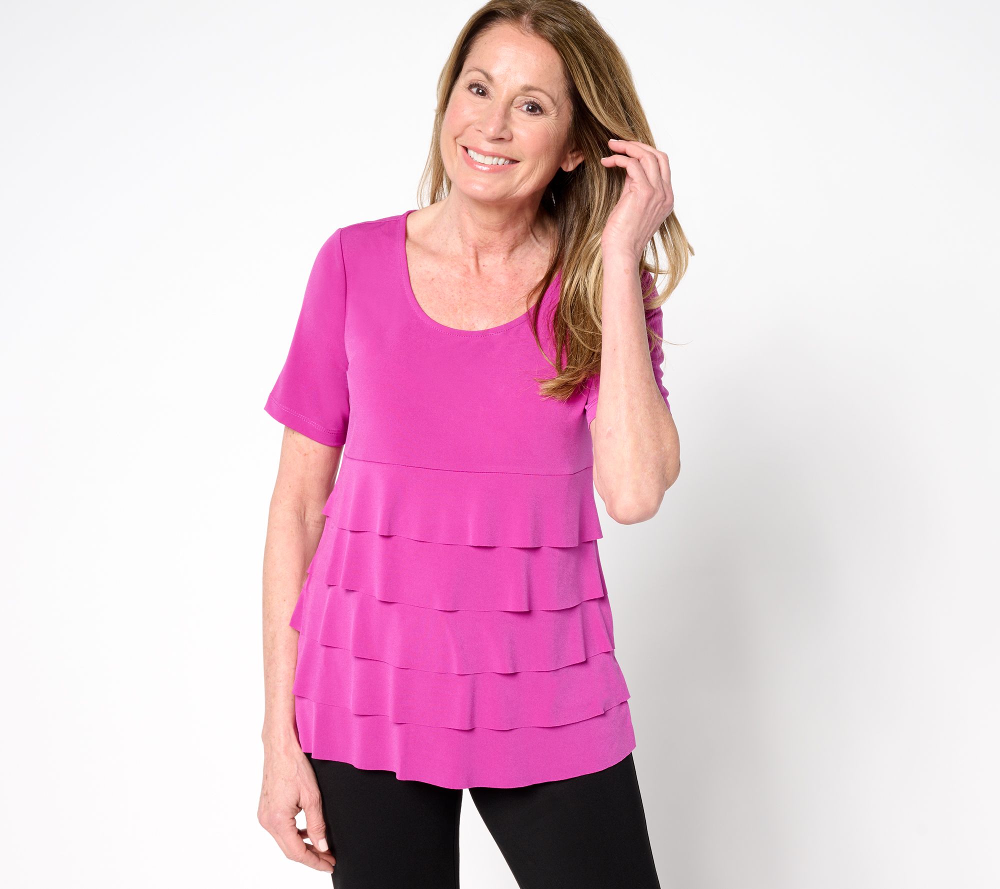 "As Is" Susan Graver Liquid Knit Short Sleeve Scoop Neck Tiered Top