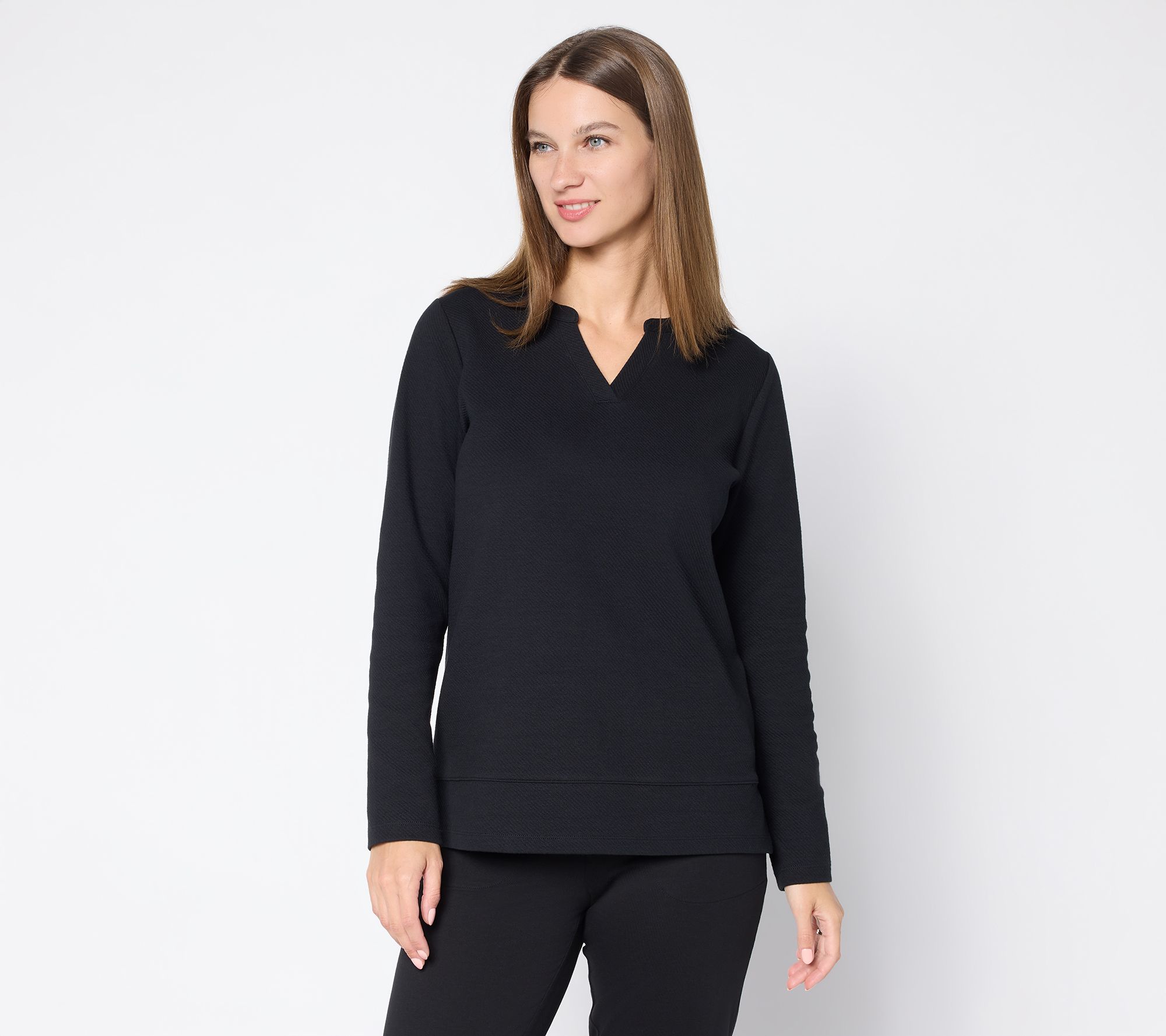 Denim & Co. Texture Terry Long Sleeve Split Neck Top
