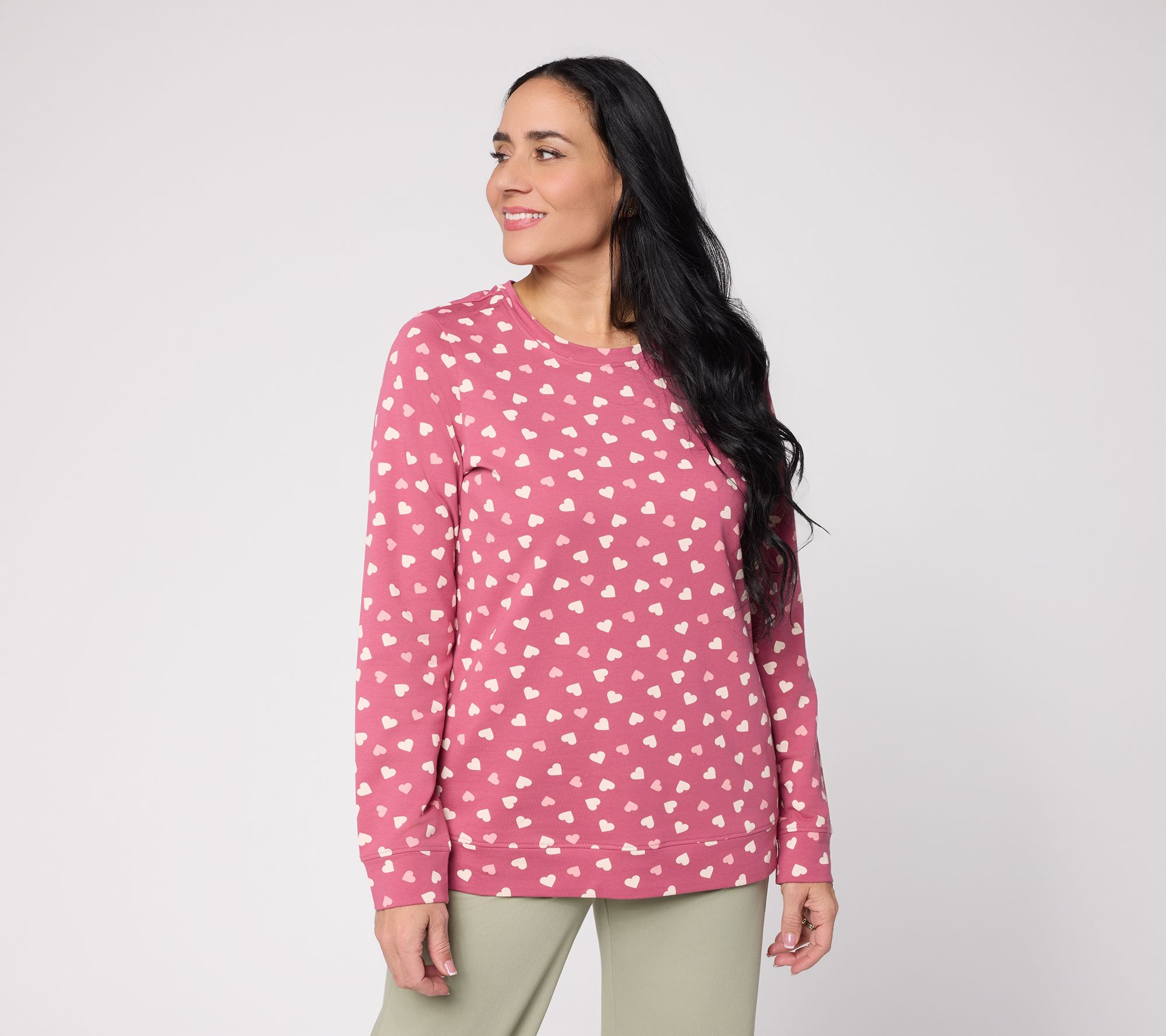 Denim & Co. Printed Hearts French Terry Long Sleeve Top