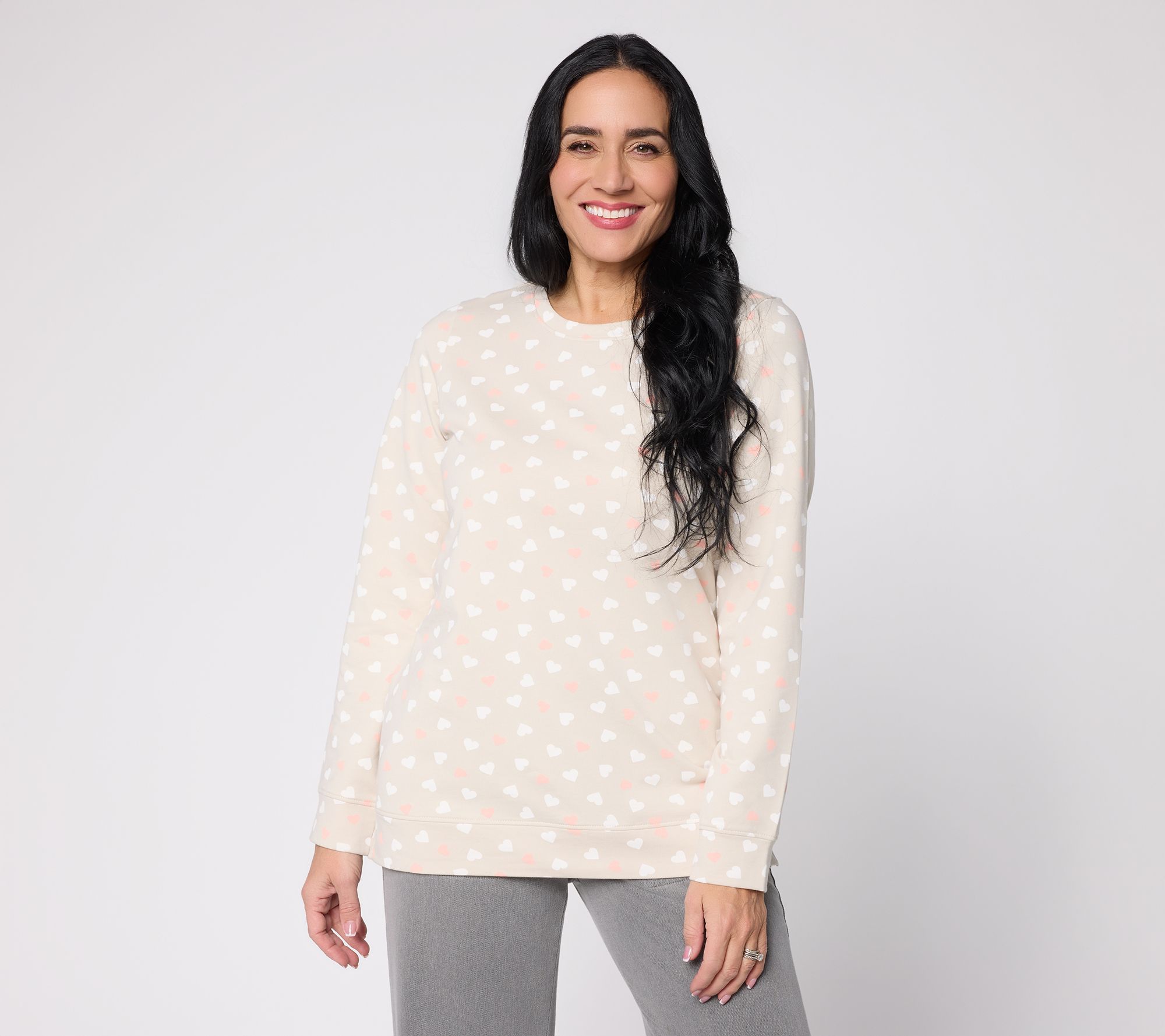 Denim & Co. Printed Hearts French Terry Long Sleeve Top